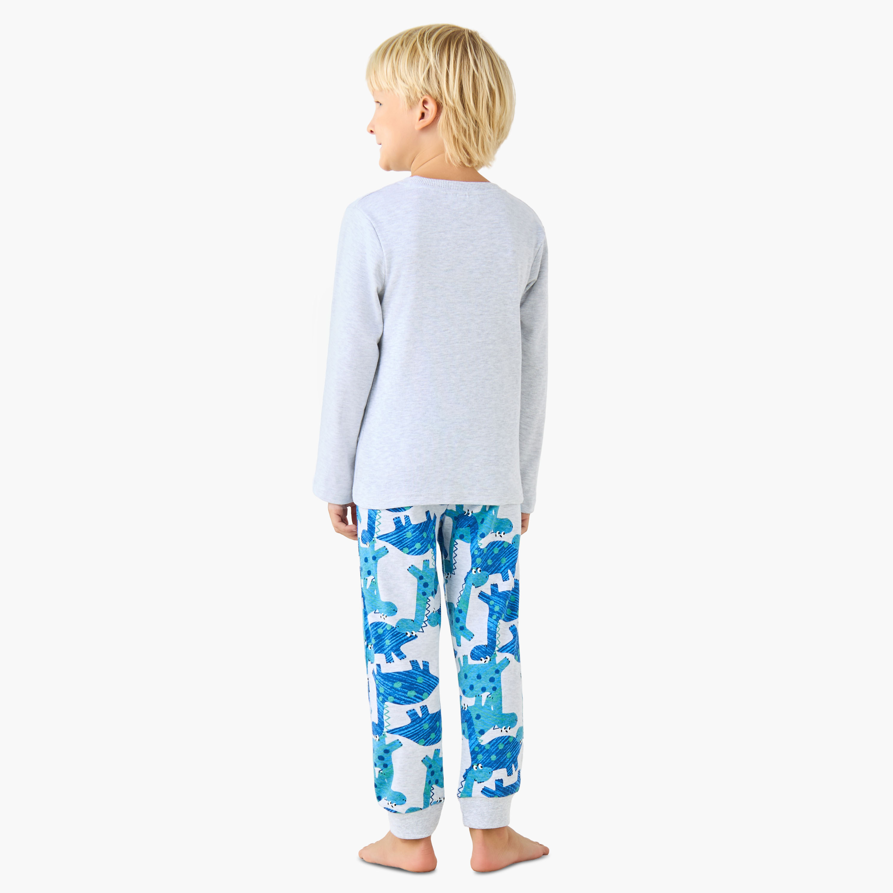 Juniors Cotton Crew Neck Long Sleeves Pyjama Set with Dinosaur Print-boys-clothing-nightwear-image-4