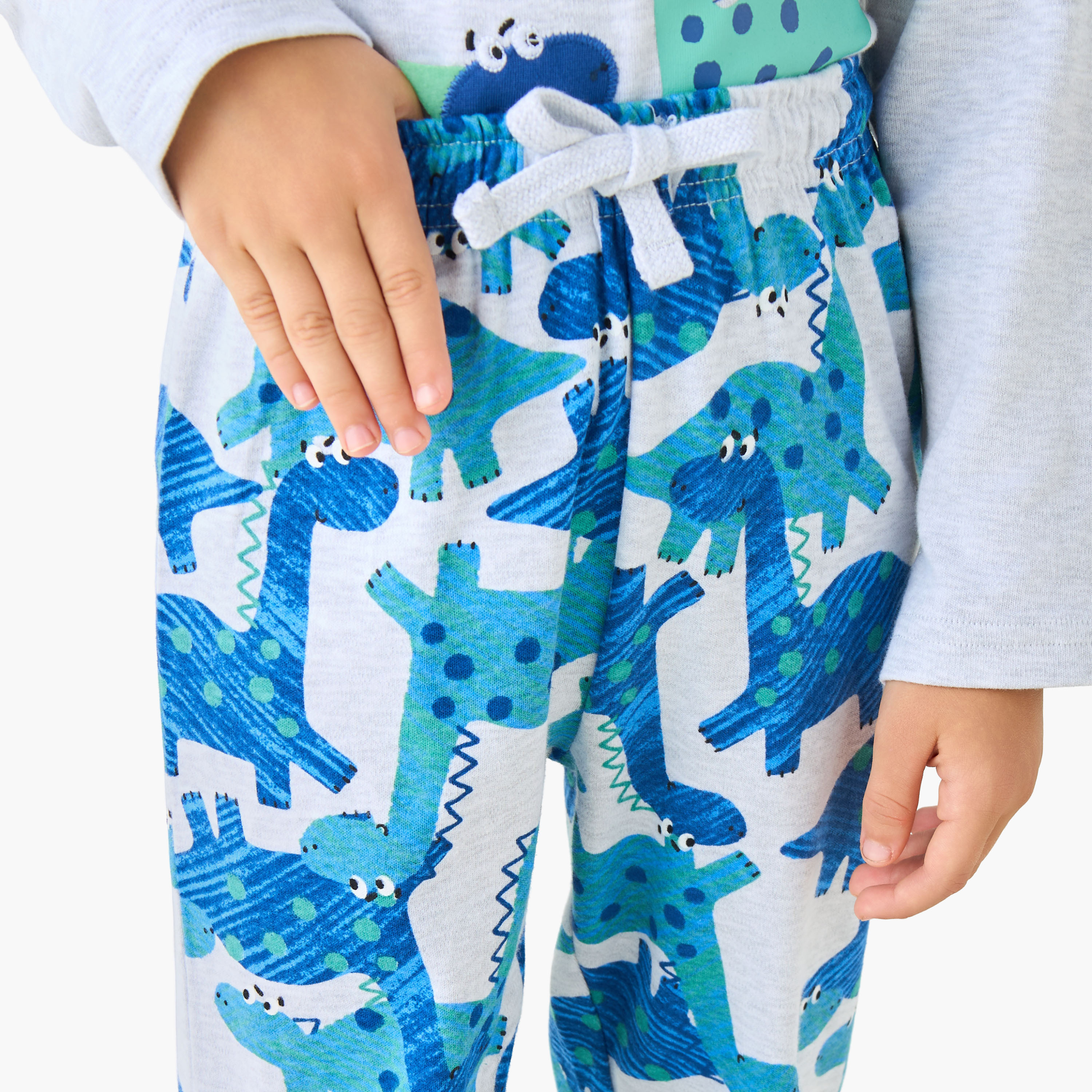 Juniors Cotton Crew Neck Long Sleeves Pyjama Set with Dinosaur Print-boys-clothing-nightwear-image-6