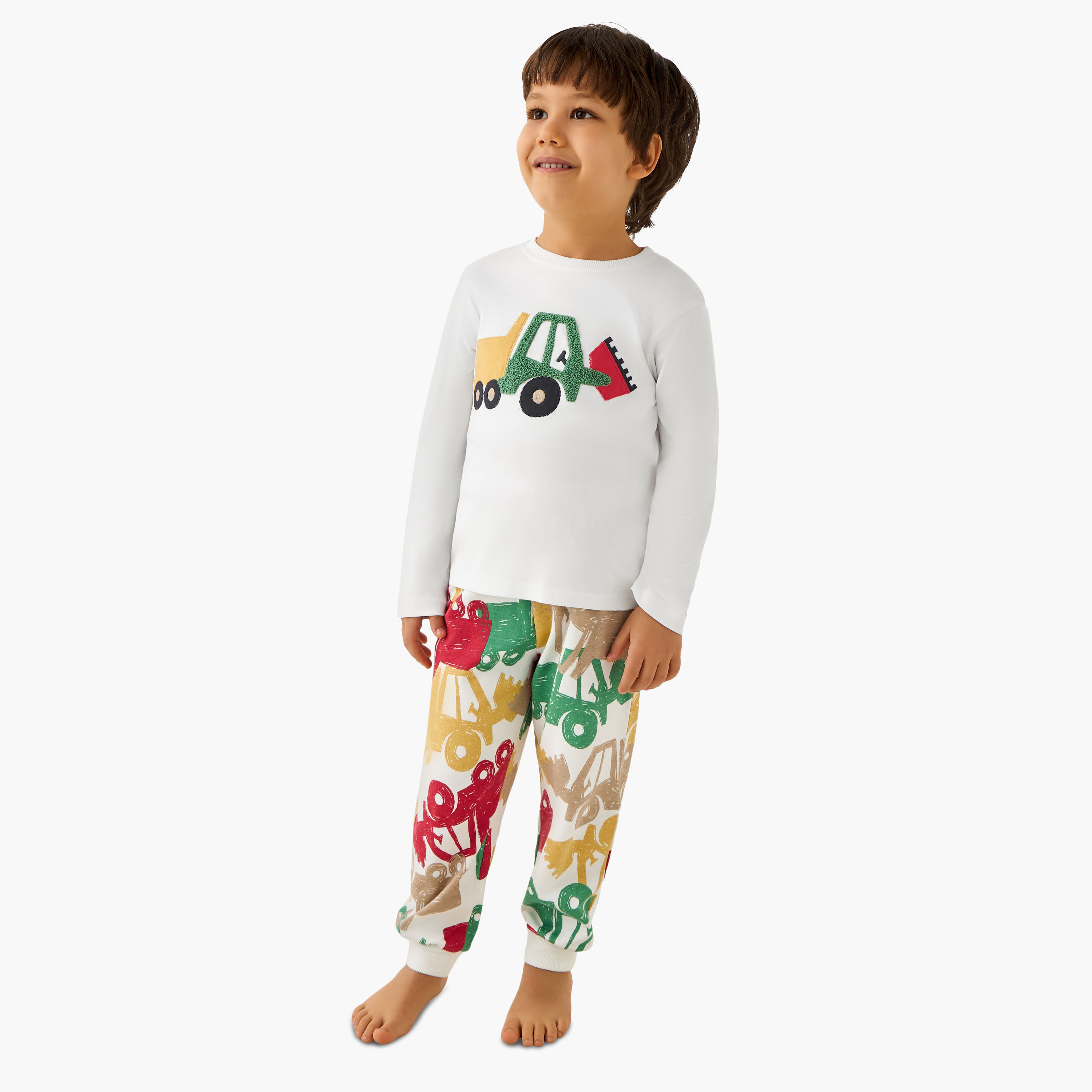 Juniors Cotton Round Neck Long Sleeve Pyjama Set with Vehicle Print-boys-clothing-nightwear-image-1