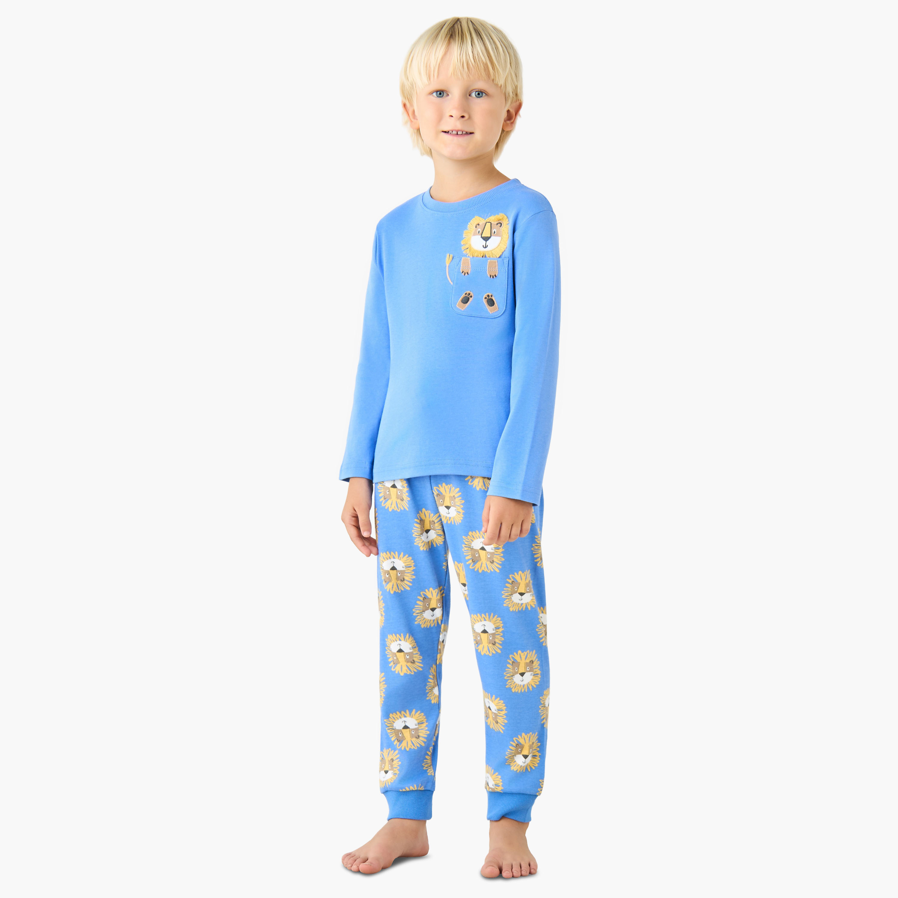 Juniors Cotton Crew Neck Long Sleeves Pyjama Set with Sailboat Print-boys-clothing-nightwear-image-1