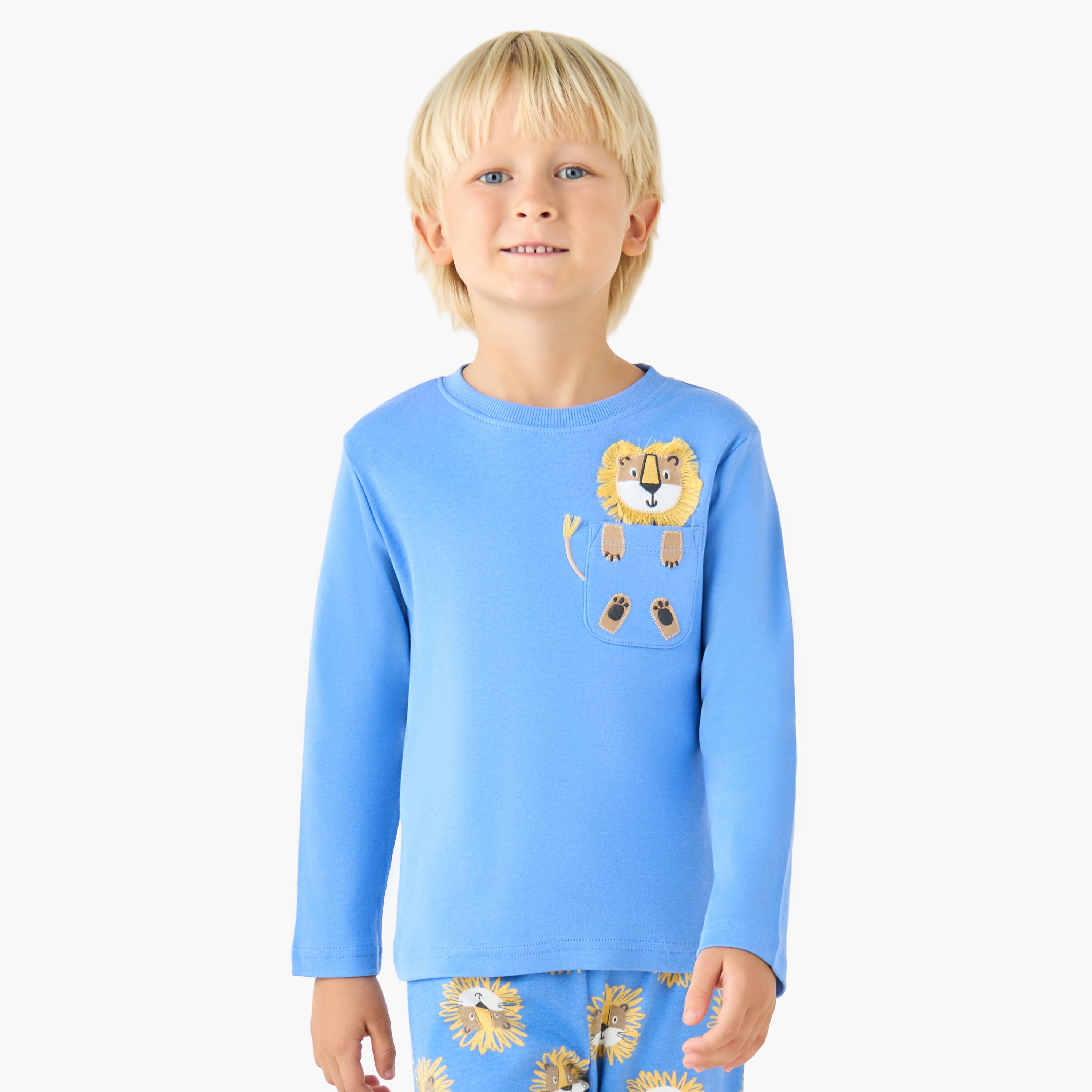 Juniors Cotton Crew Neck Long Sleeves Pyjama Set with Sailboat Print-boys-clothing-nightwear-image-2