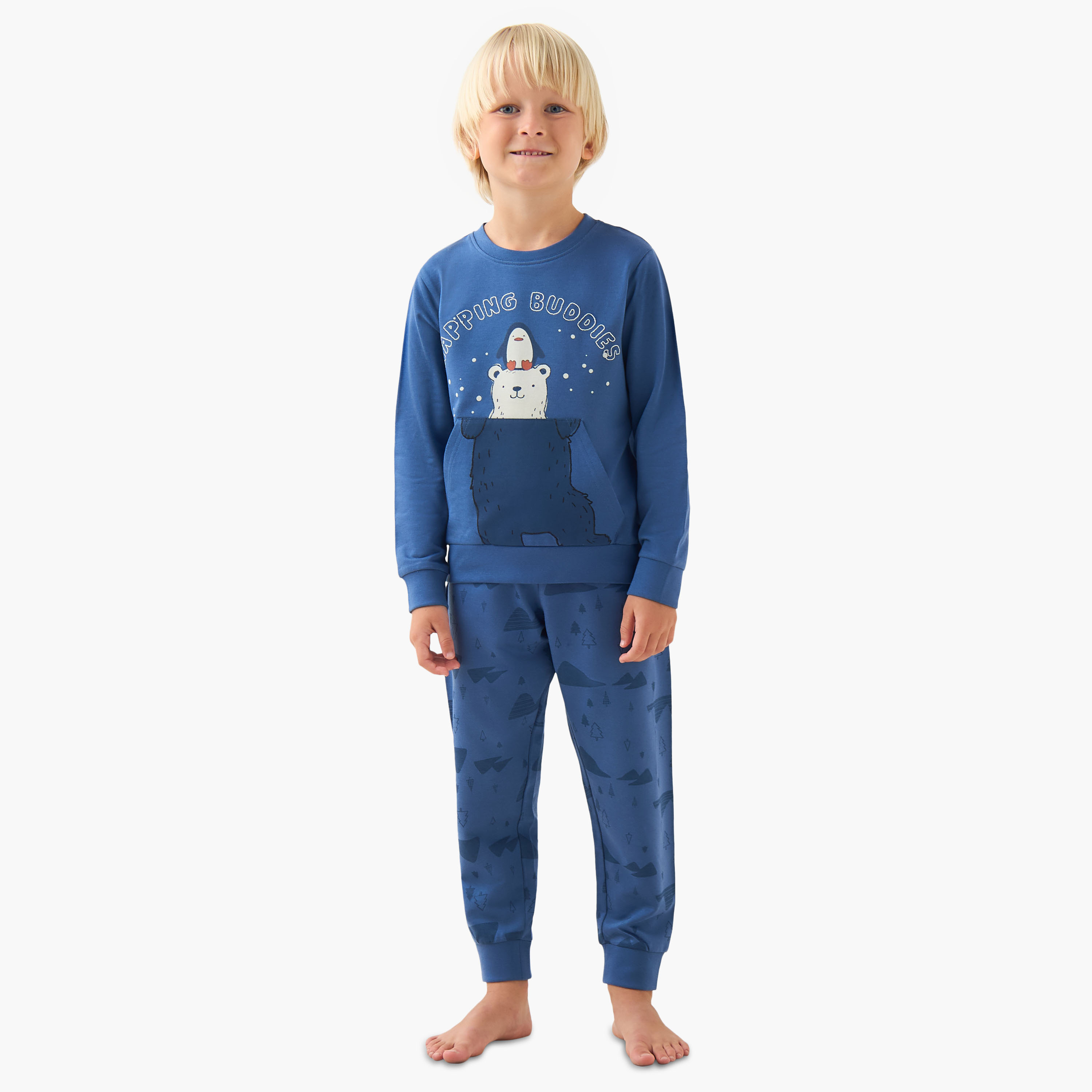Juniors Cotton Crew Neck Long Sleeves Pyjama Set with Bear Print-boys-clothing-nightwear-image-1