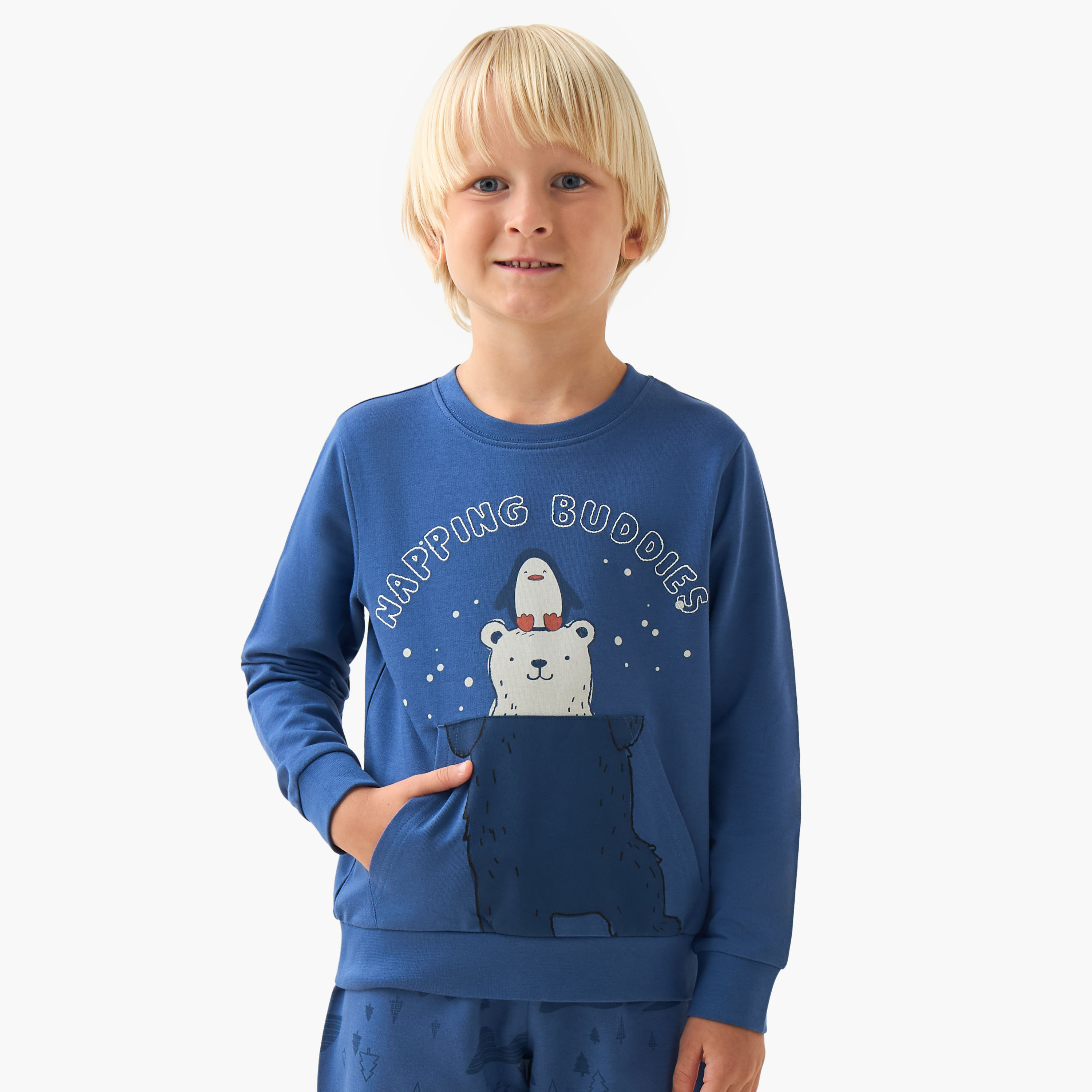 Juniors Cotton Crew Neck Long Sleeves Pyjama Set with Bear Print-boys-clothing-nightwear-image-2