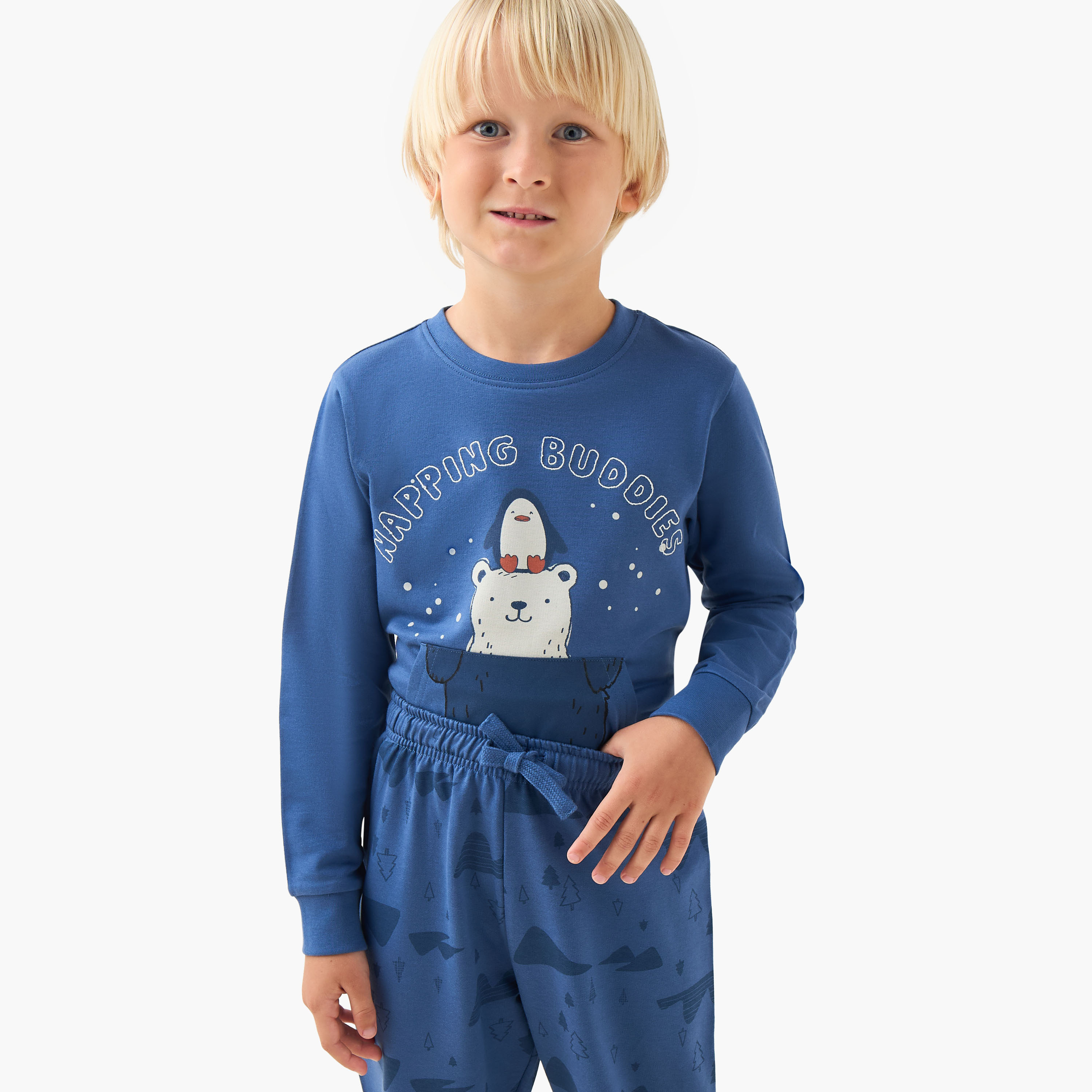 Juniors Cotton Crew Neck Long Sleeves Pyjama Set with Bear Print-boys-clothing-nightwear-image-5