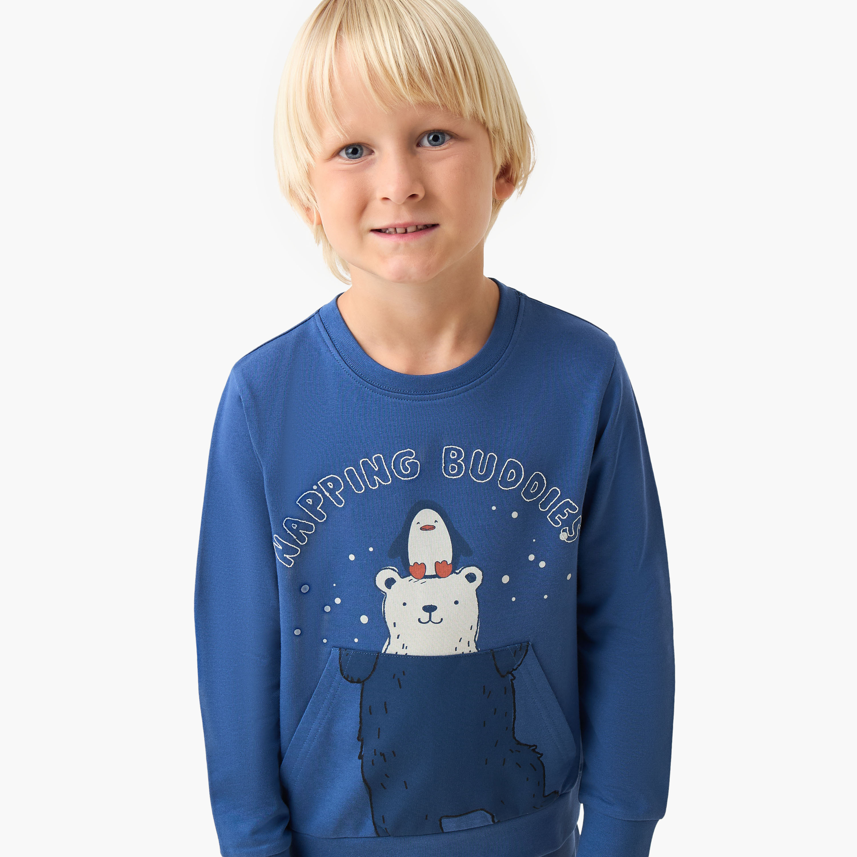 Juniors Cotton Crew Neck Long Sleeves Pyjama Set with Bear Print-boys-clothing-nightwear-image-6