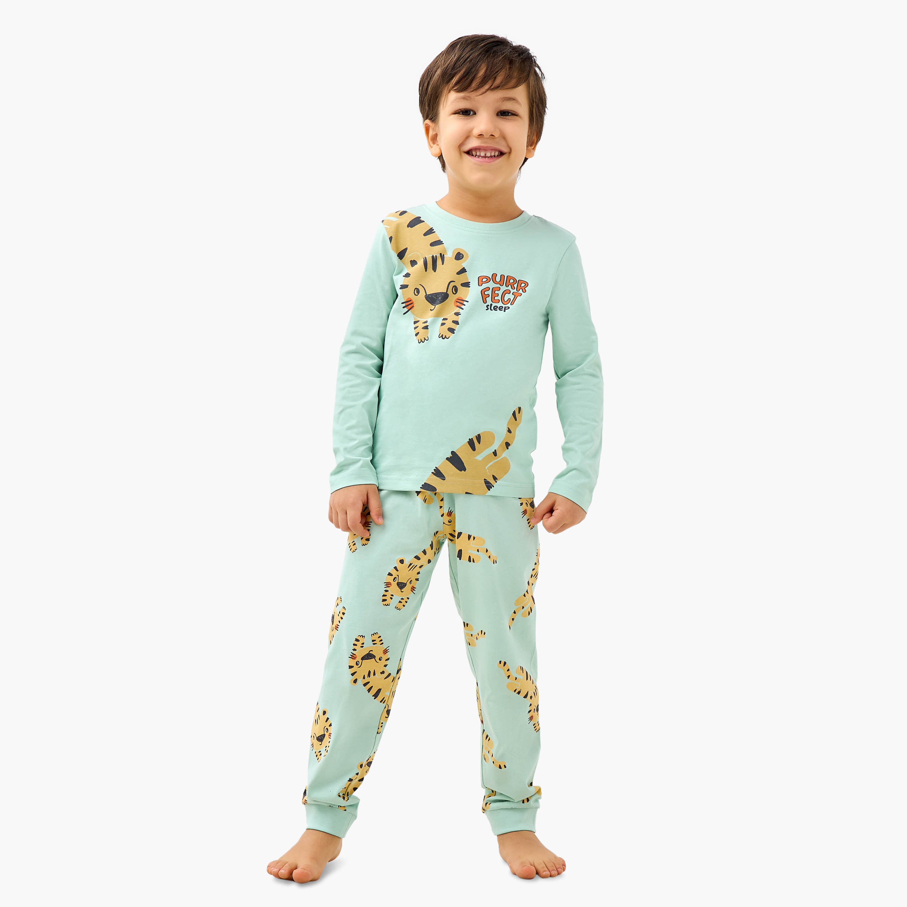 Juniors Tiger Print T-shirt and Pyjama Set-boys-clothing-nightwear-image-1