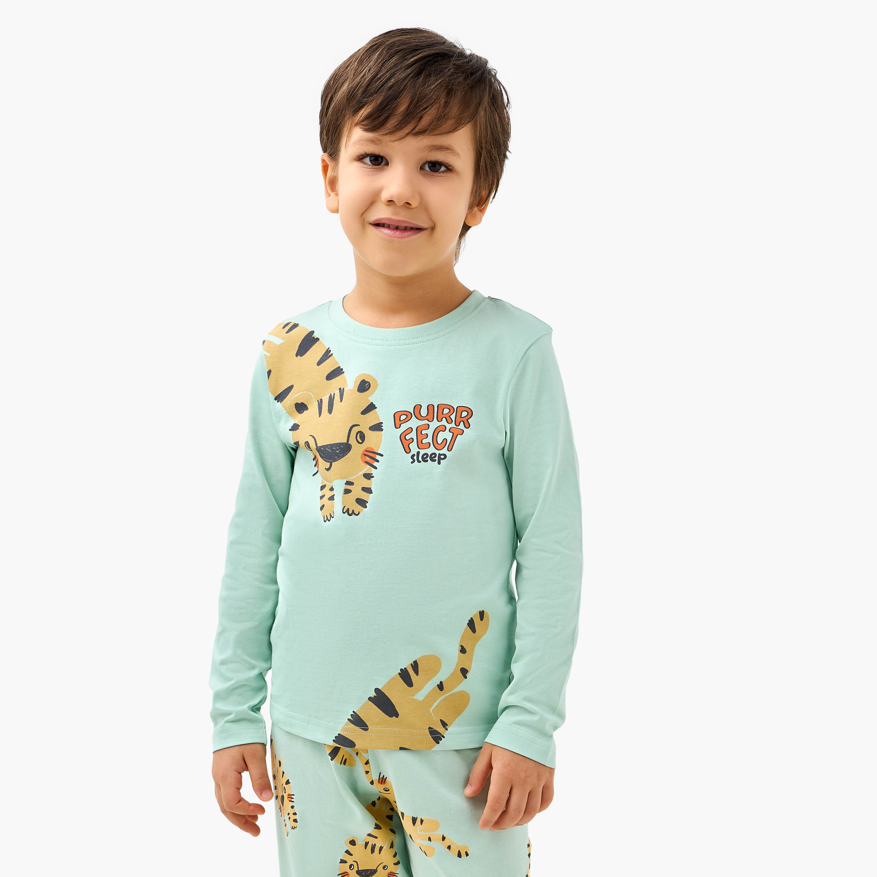 Juniors Tiger Print T-shirt and Pyjama Set-boys-clothing-nightwear-image-2