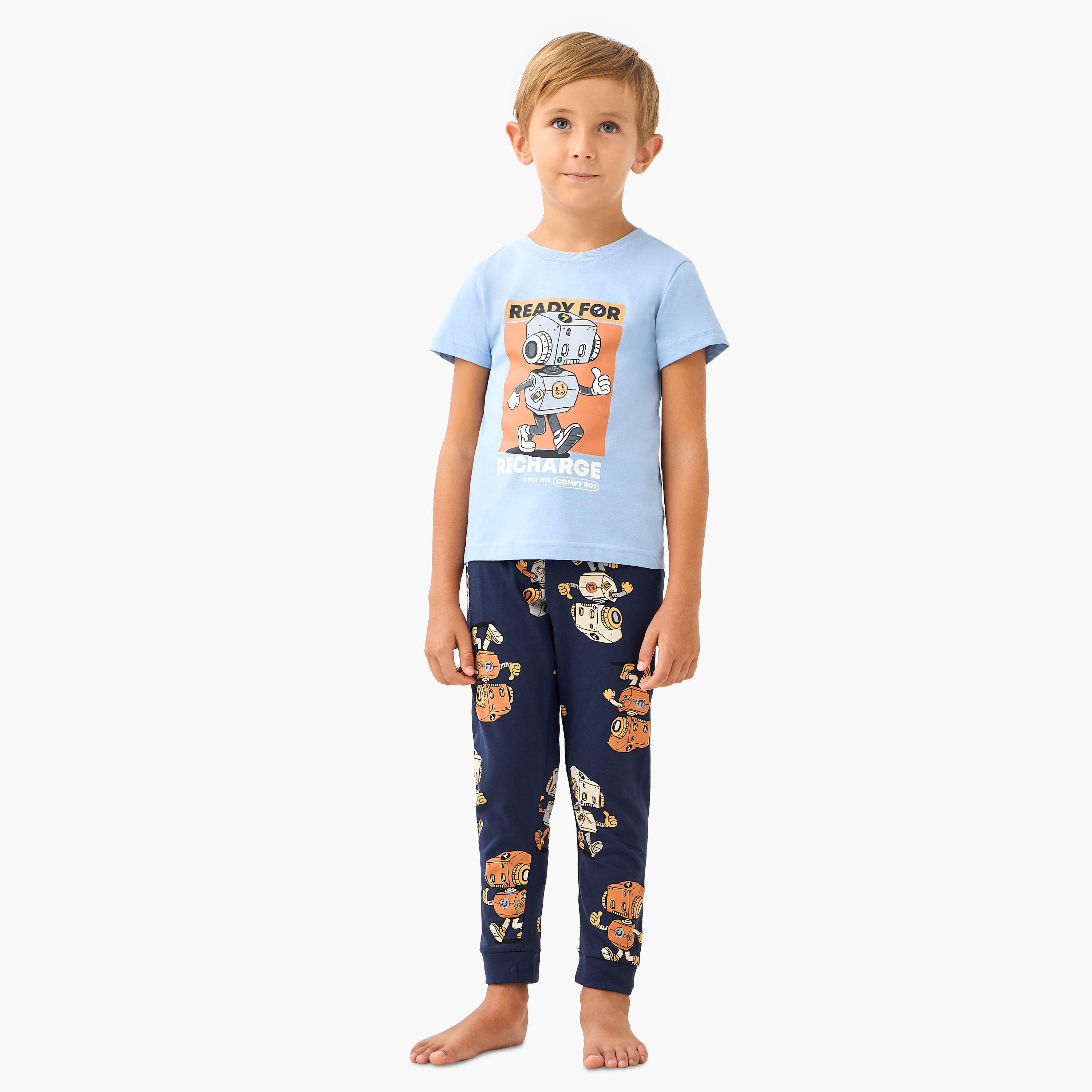 Juniors Robot Print T-shirt and Pyjama Set-boys-clothing-nightwear-image-1