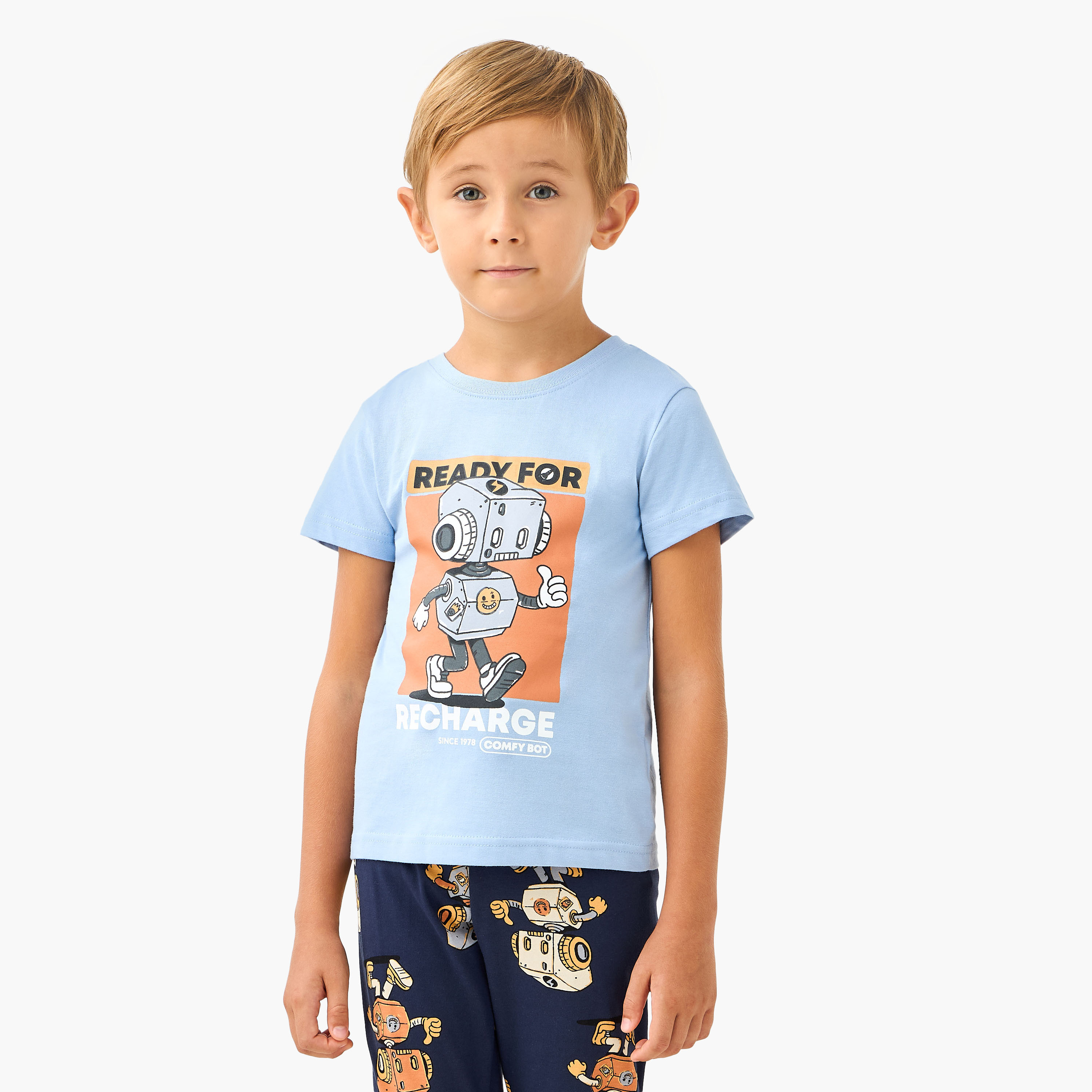Juniors Robot Print T-shirt and Pyjama Set-boys-clothing-nightwear-image-2
