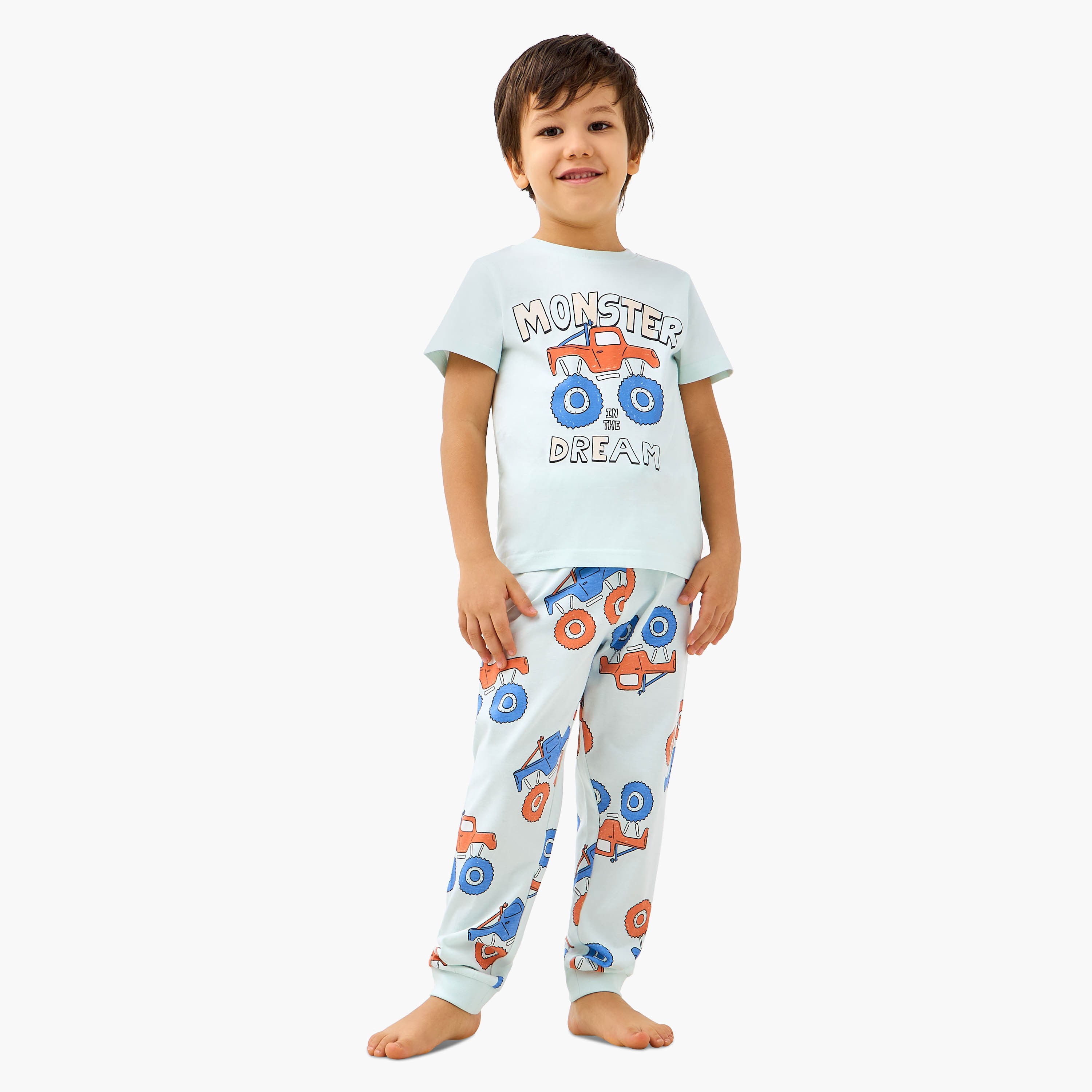 Juniors Monster Truck Print T-shirt and Pyjama Set-boys-clothing-nightwear-image-1