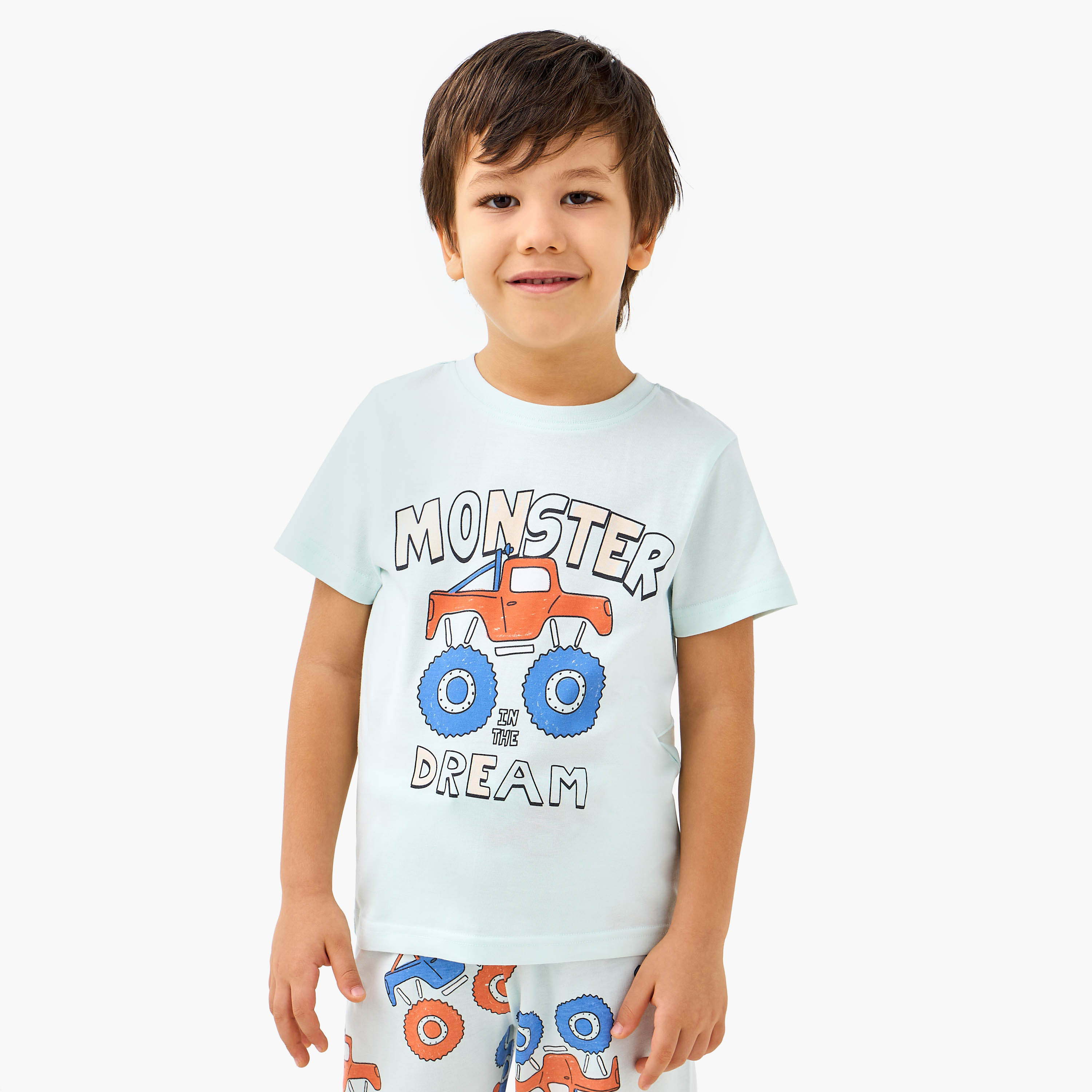 Juniors Monster Truck Print T-shirt and Pyjama Set-boys-clothing-nightwear-image-2