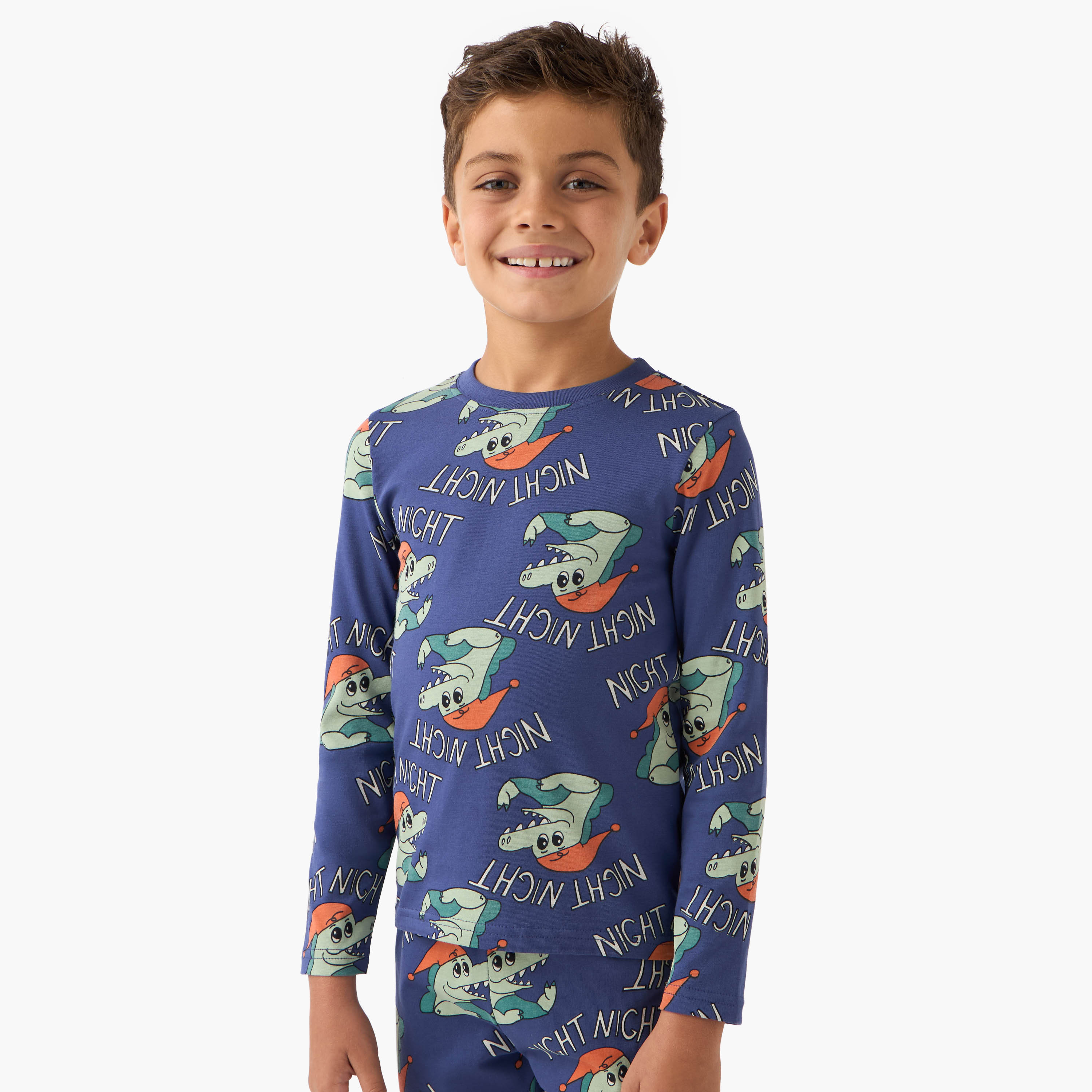 Juniors Crocodile Print T-shirt and Pyjama Set-boys-clothing-nightwear-image-2