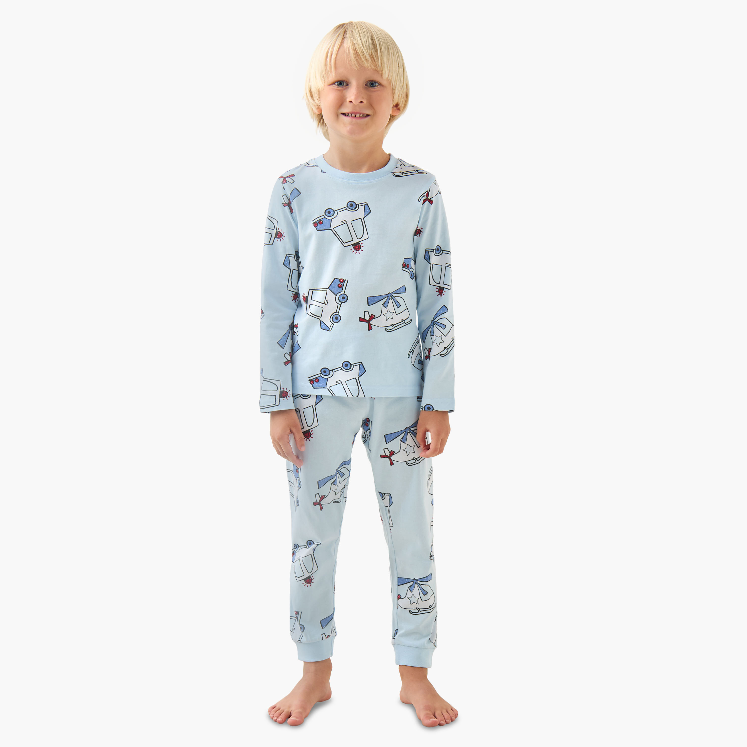 Juniors Cotton Crew Neck Long Sleeve Pyjama Set with Vehicle Print-boys-clothing-nightwear-image-1