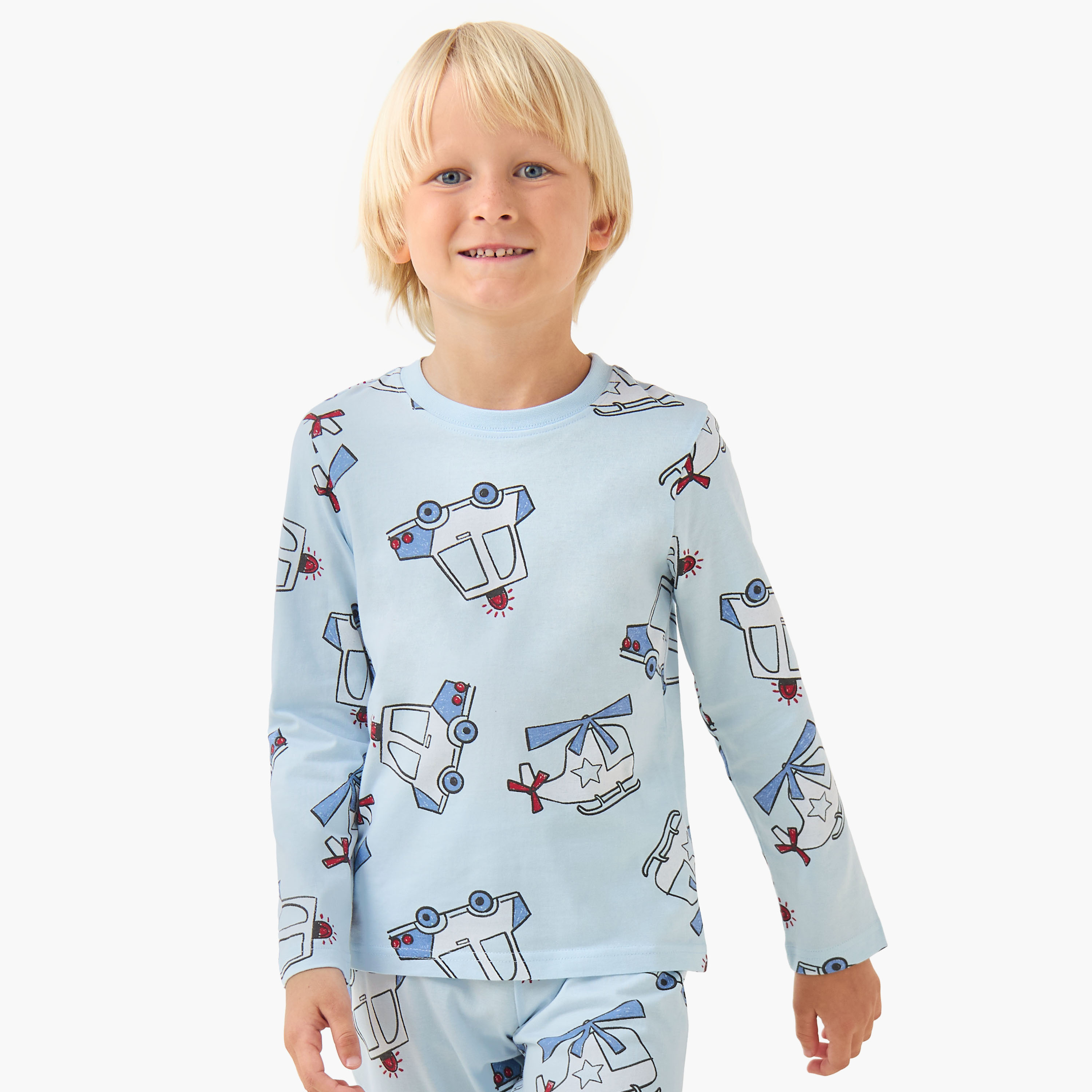 Juniors Cotton Crew Neck Long Sleeve Pyjama Set with Vehicle Print-boys-clothing-nightwear-image-2