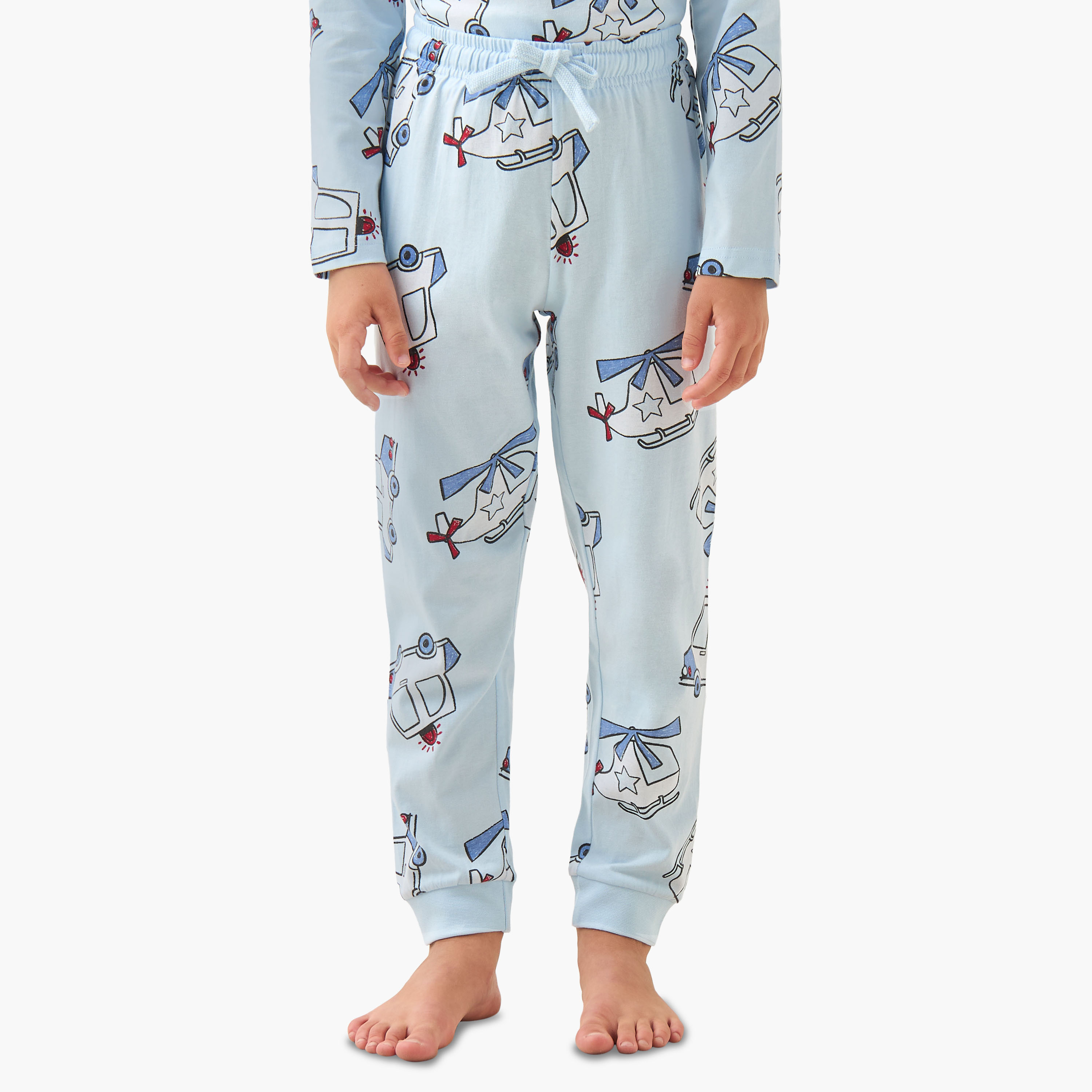 Juniors Cotton Crew Neck Long Sleeve Pyjama Set with Vehicle Print-boys-clothing-nightwear-image-3