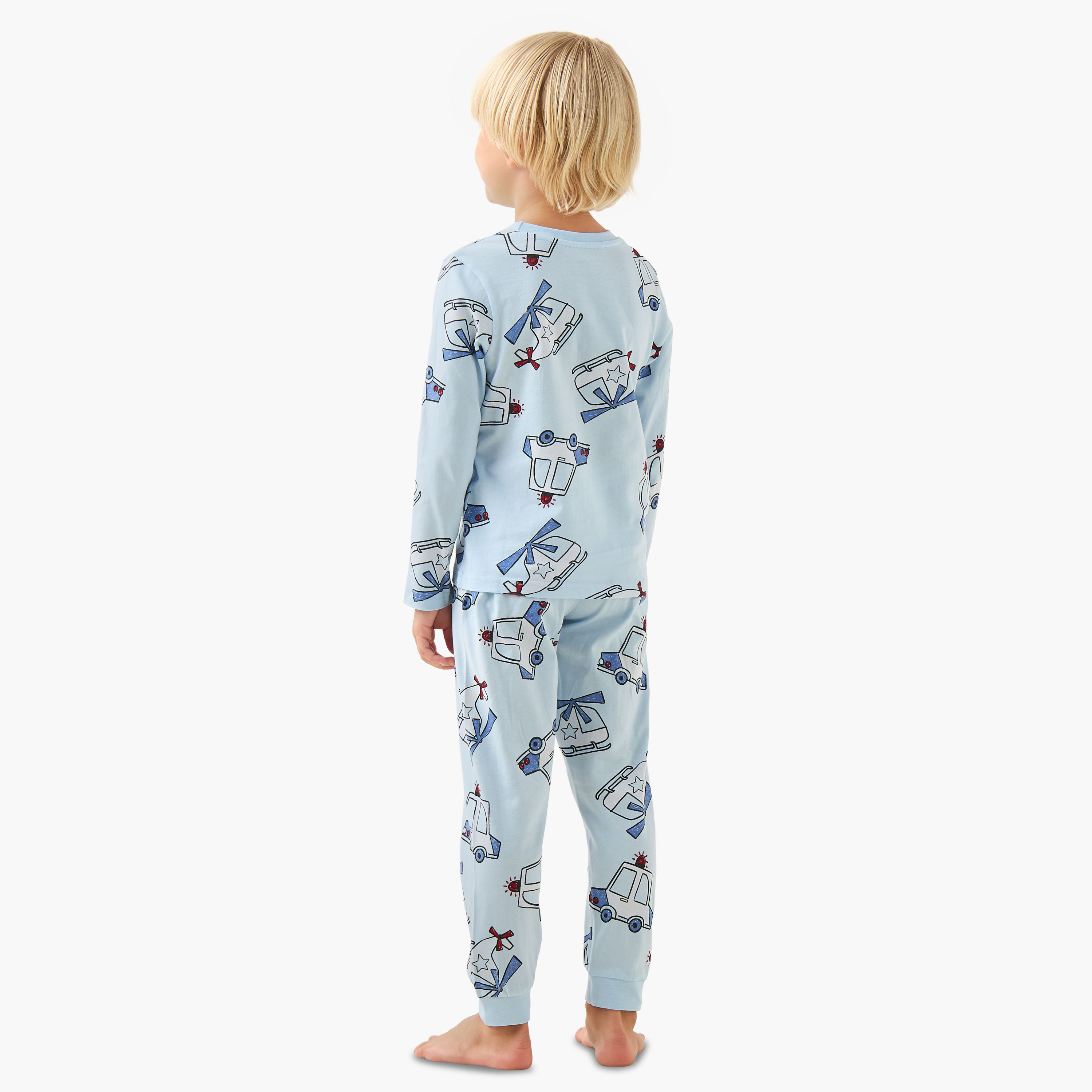 Juniors Cotton Crew Neck Long Sleeve Pyjama Set with Vehicle Print-boys-clothing-nightwear-image-4