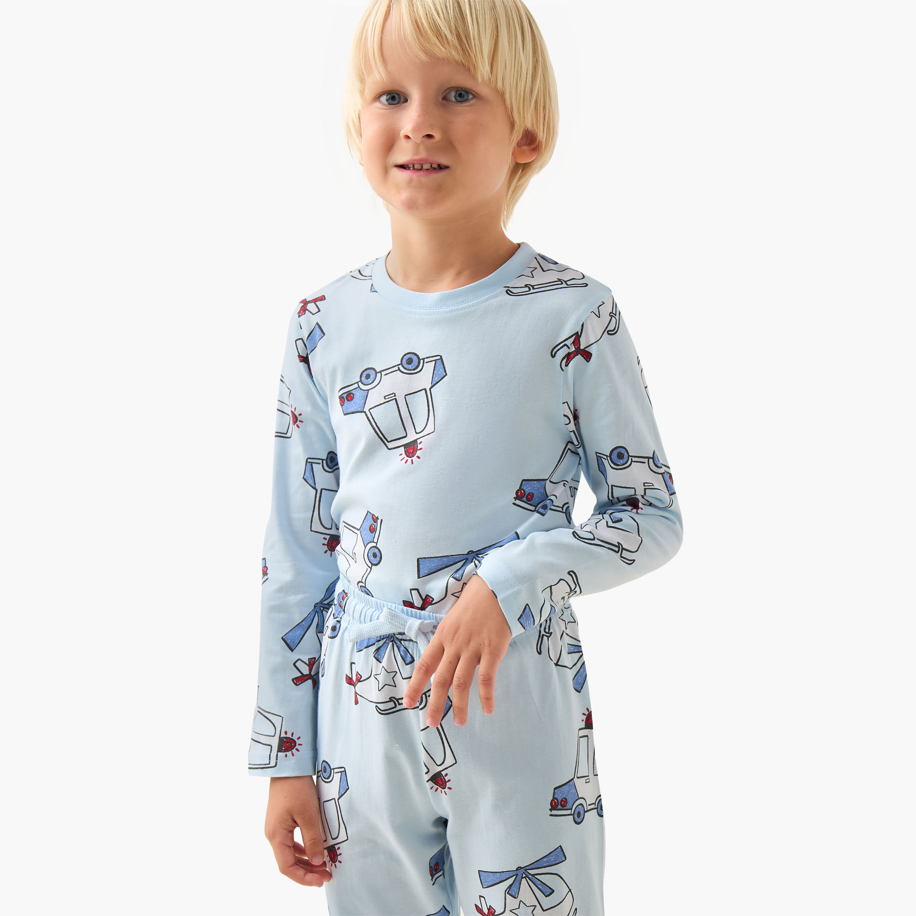 Juniors Cotton Crew Neck Long Sleeve Pyjama Set with Vehicle Print-boys-clothing-nightwear-image-5