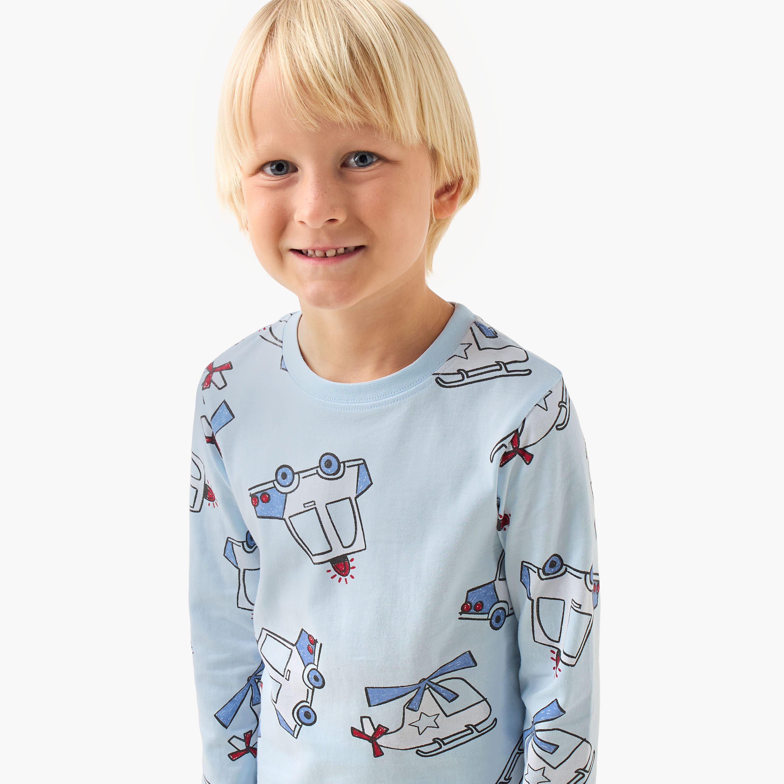 Juniors Cotton Crew Neck Long Sleeve Pyjama Set with Vehicle Print-boys-clothing-nightwear-image-6