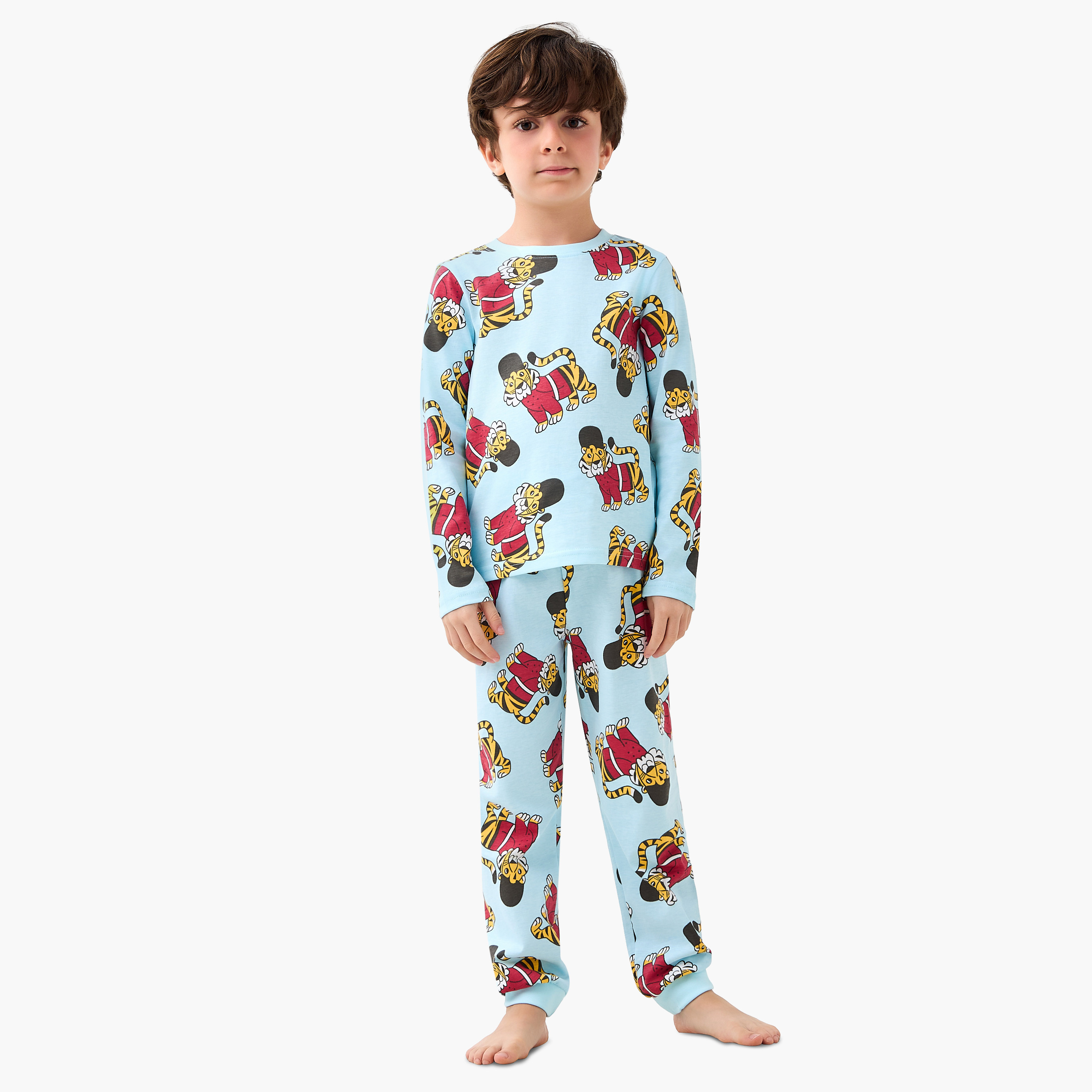 Juniors Cotton Crew Neck Long Sleeve Pyjama Set with Vehicle Print-boys-clothing-nightwear-image-1