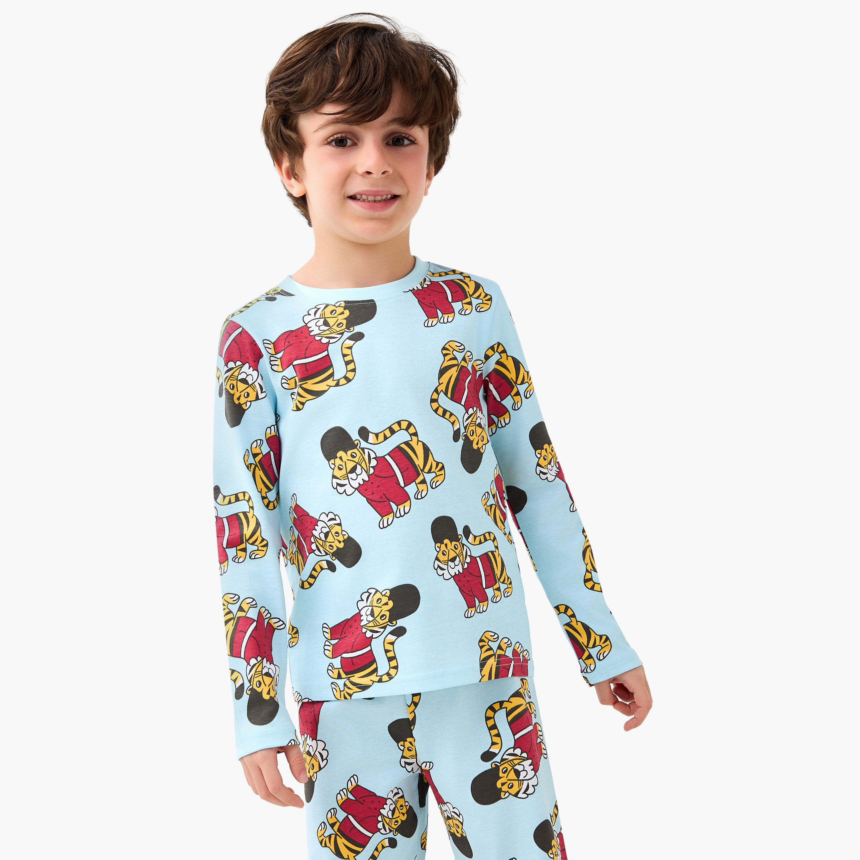 Juniors Cotton Crew Neck Long Sleeve Pyjama Set with Vehicle Print-boys-clothing-nightwear-image-2