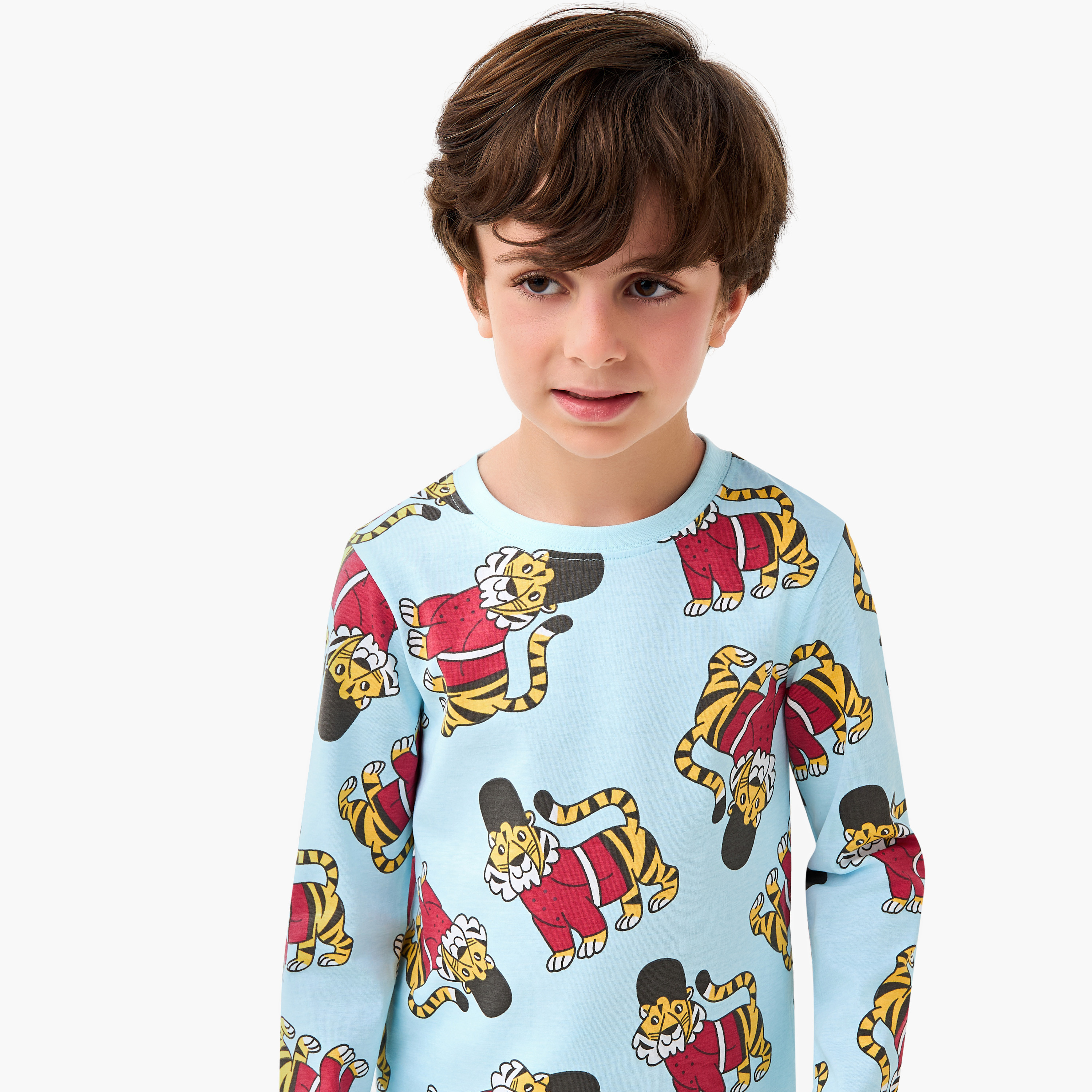Juniors Cotton Crew Neck Long Sleeve Pyjama Set with Vehicle Print-boys-clothing-nightwear-image-4