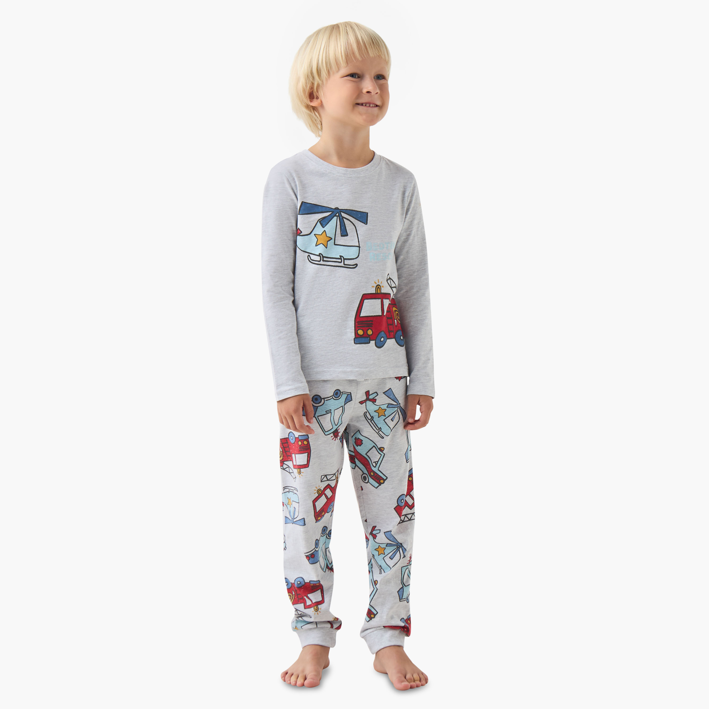 Juniors Cotton Crew Neck Long Sleeve Pyjama Set with Vehicle Print-boys-clothing-nightwear-image-1