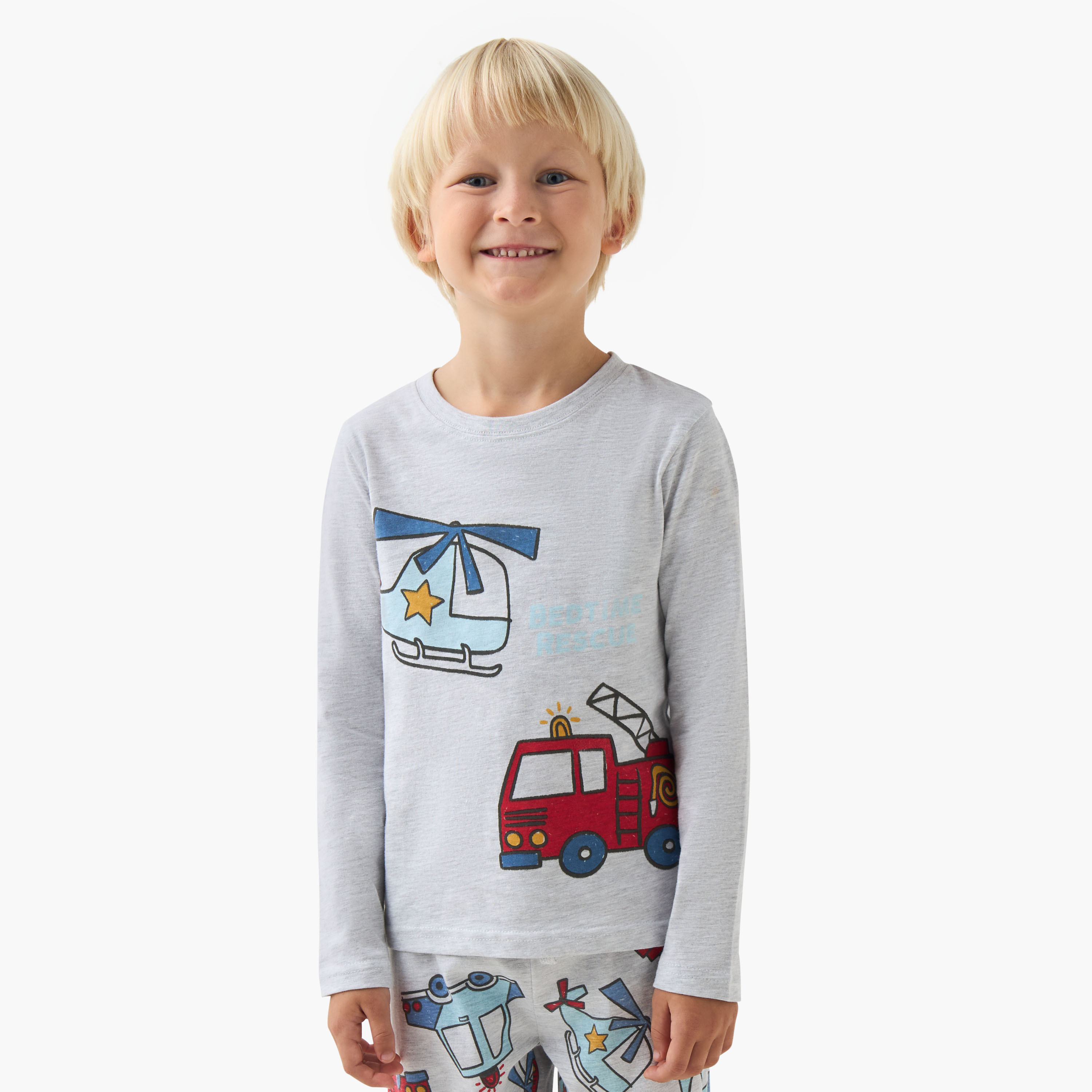 Juniors Cotton Crew Neck Long Sleeve Pyjama Set with Vehicle Print-boys-clothing-nightwear-image-2