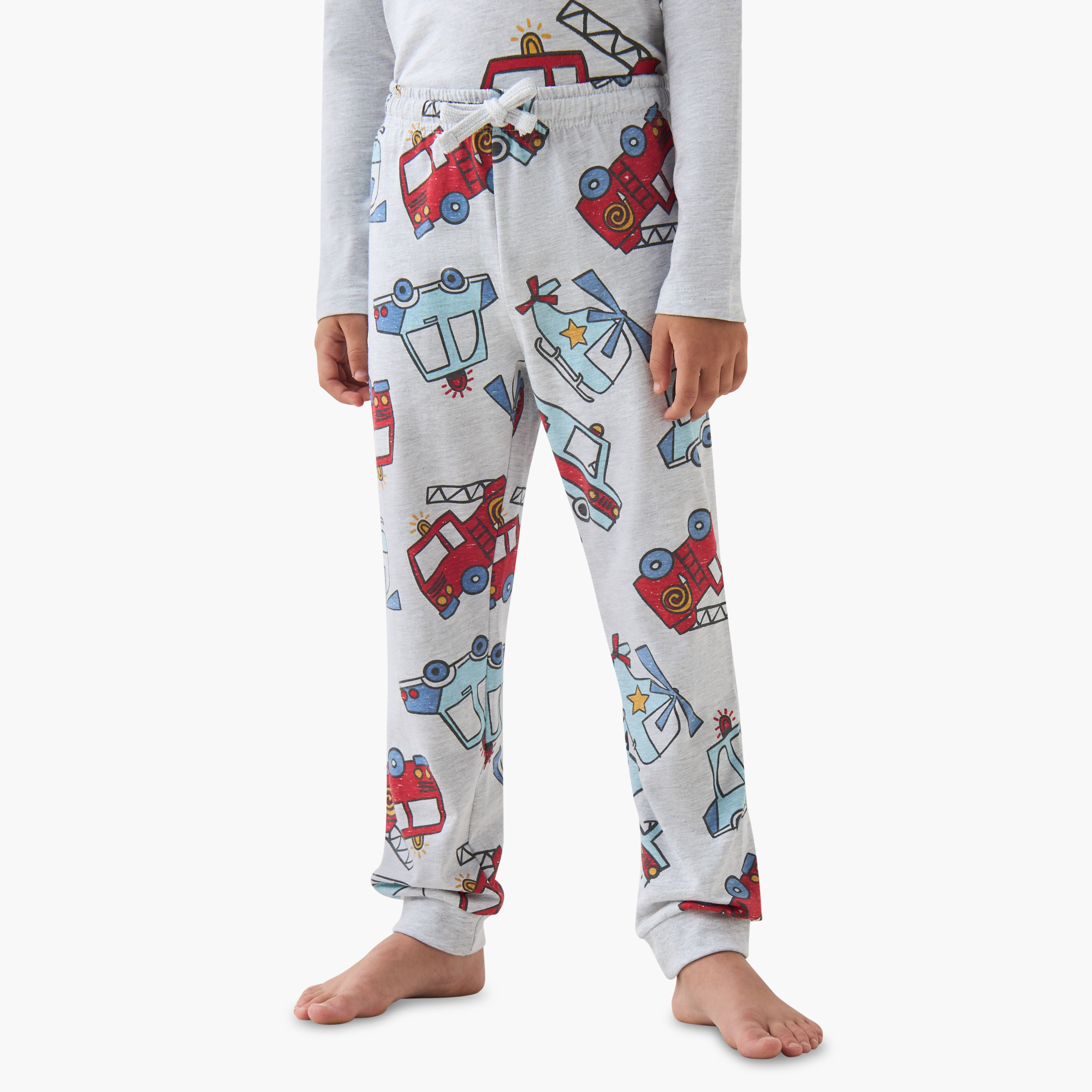 Juniors Cotton Crew Neck Long Sleeve Pyjama Set with Vehicle Print-boys-clothing-nightwear-image-3