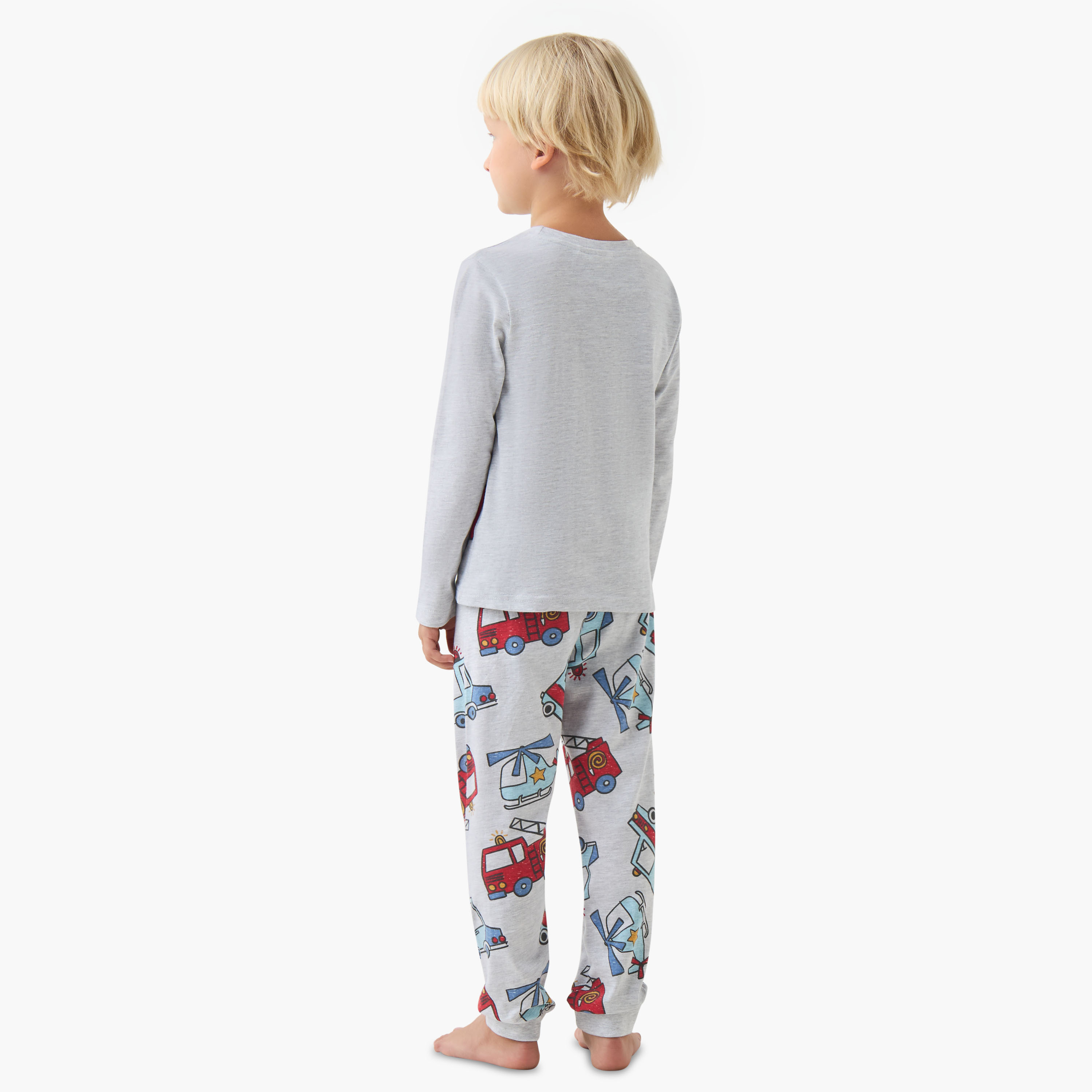 Juniors Cotton Crew Neck Long Sleeve Pyjama Set with Vehicle Print-boys-clothing-nightwear-image-4