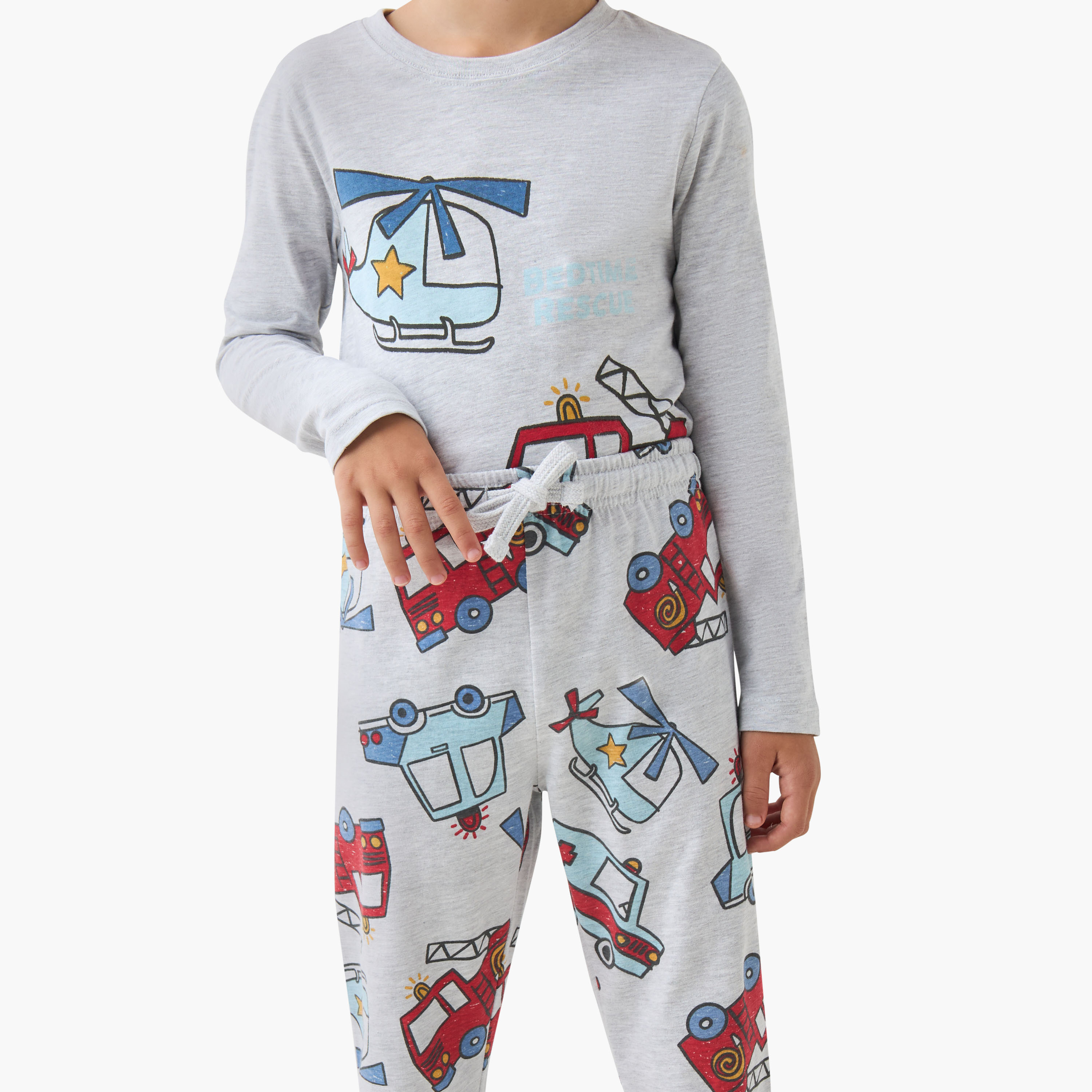 Juniors Cotton Crew Neck Long Sleeve Pyjama Set with Vehicle Print-boys-clothing-nightwear-image-5