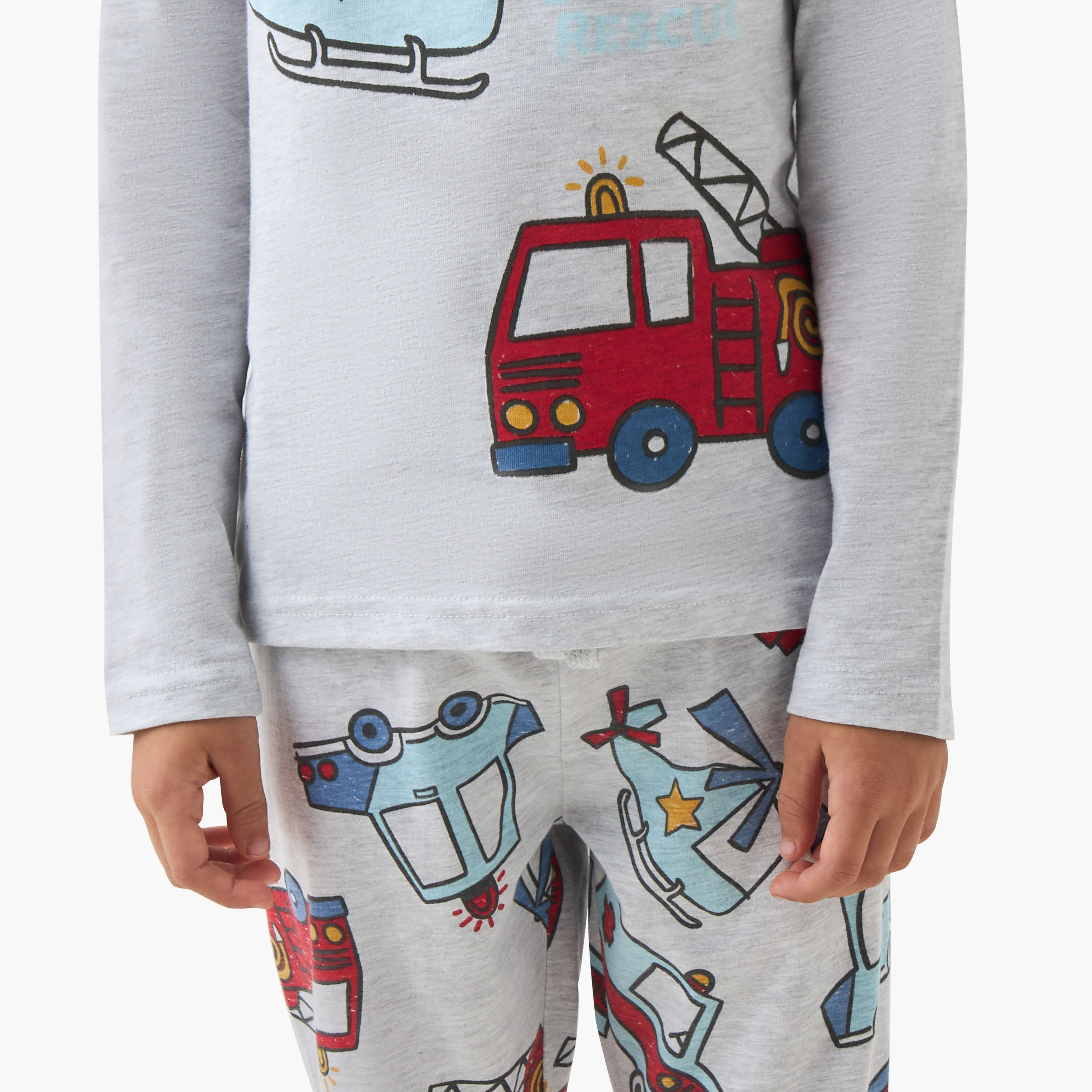 Juniors Cotton Crew Neck Long Sleeve Pyjama Set with Vehicle Print-boys-clothing-nightwear-image-6