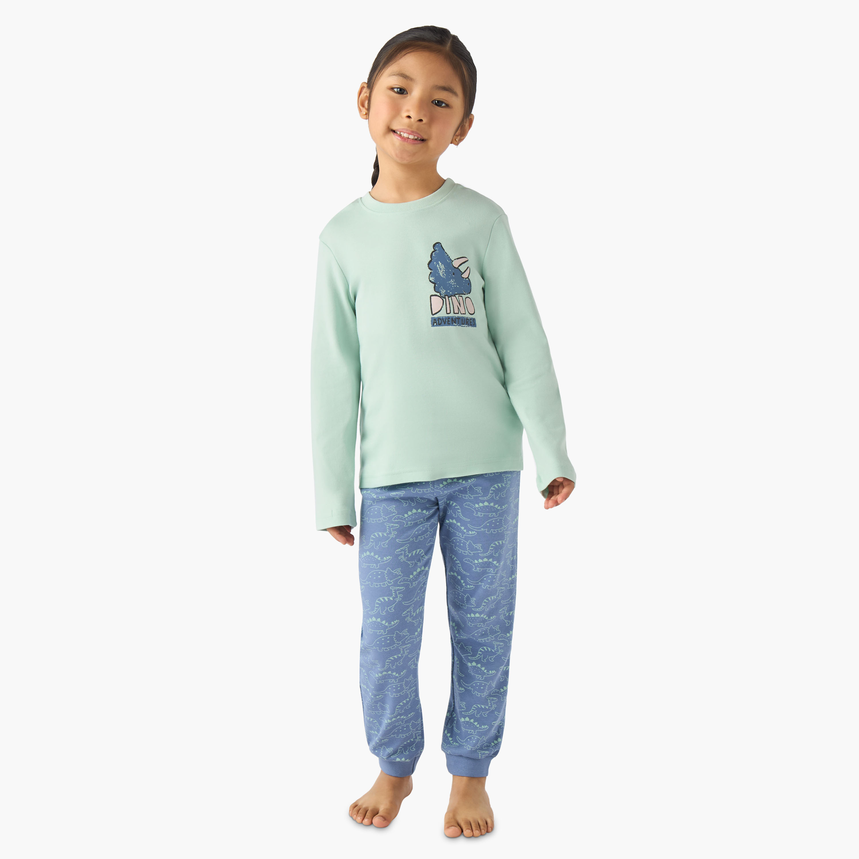 Juniors Cotton Crew Neck Long Sleeve Pyjama Set with Dinosaur Print-boys-clothing-nightwear-image-1