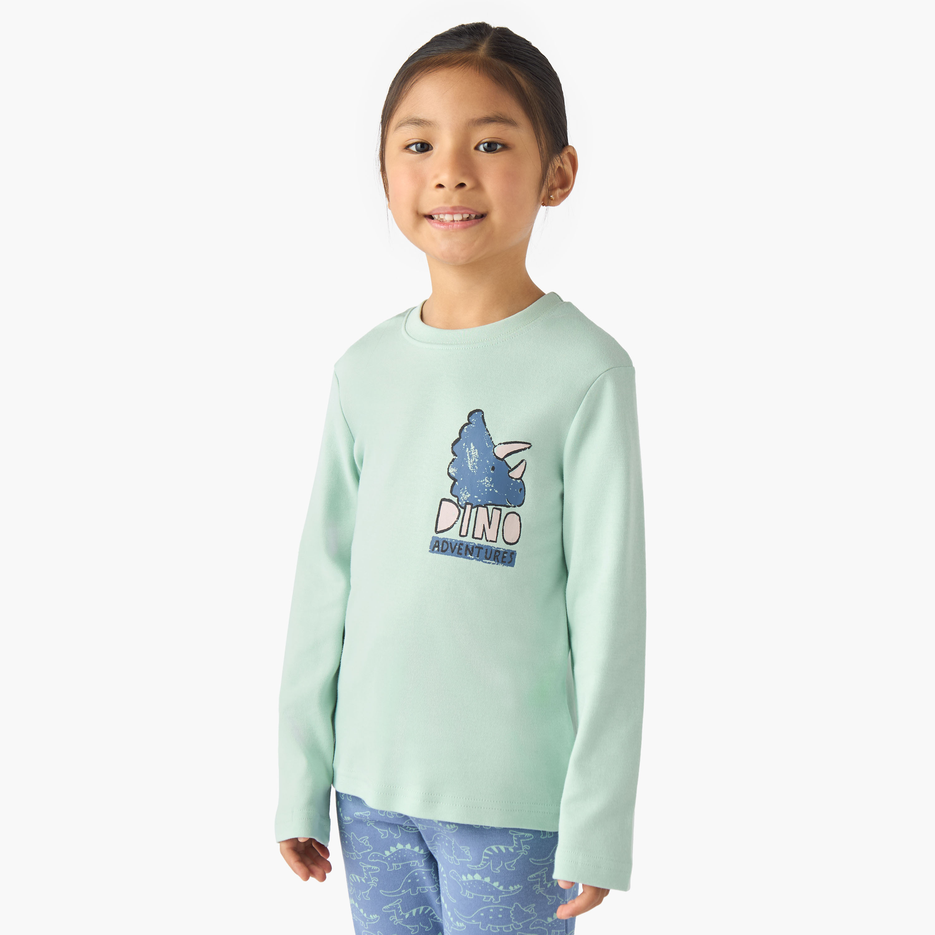 Juniors Cotton Crew Neck Long Sleeve Pyjama Set with Dinosaur Print-boys-clothing-nightwear-image-2