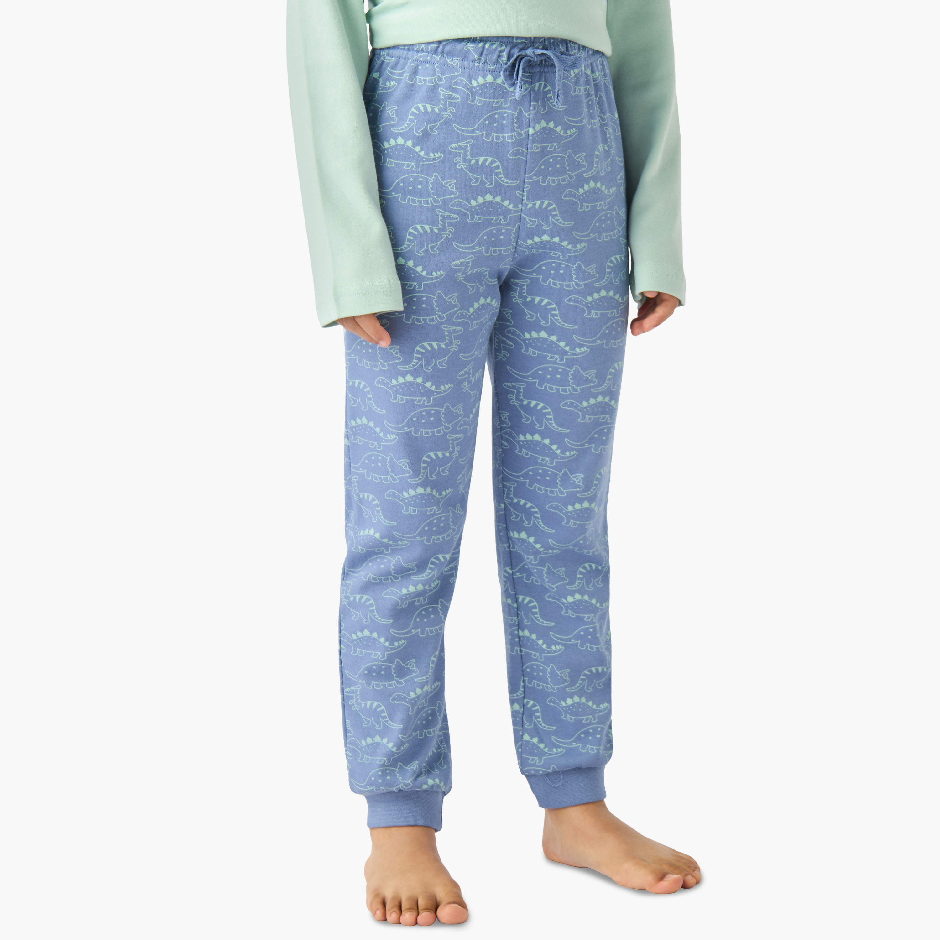 Juniors Cotton Crew Neck Long Sleeve Pyjama Set with Dinosaur Print-boys-clothing-nightwear-image-3