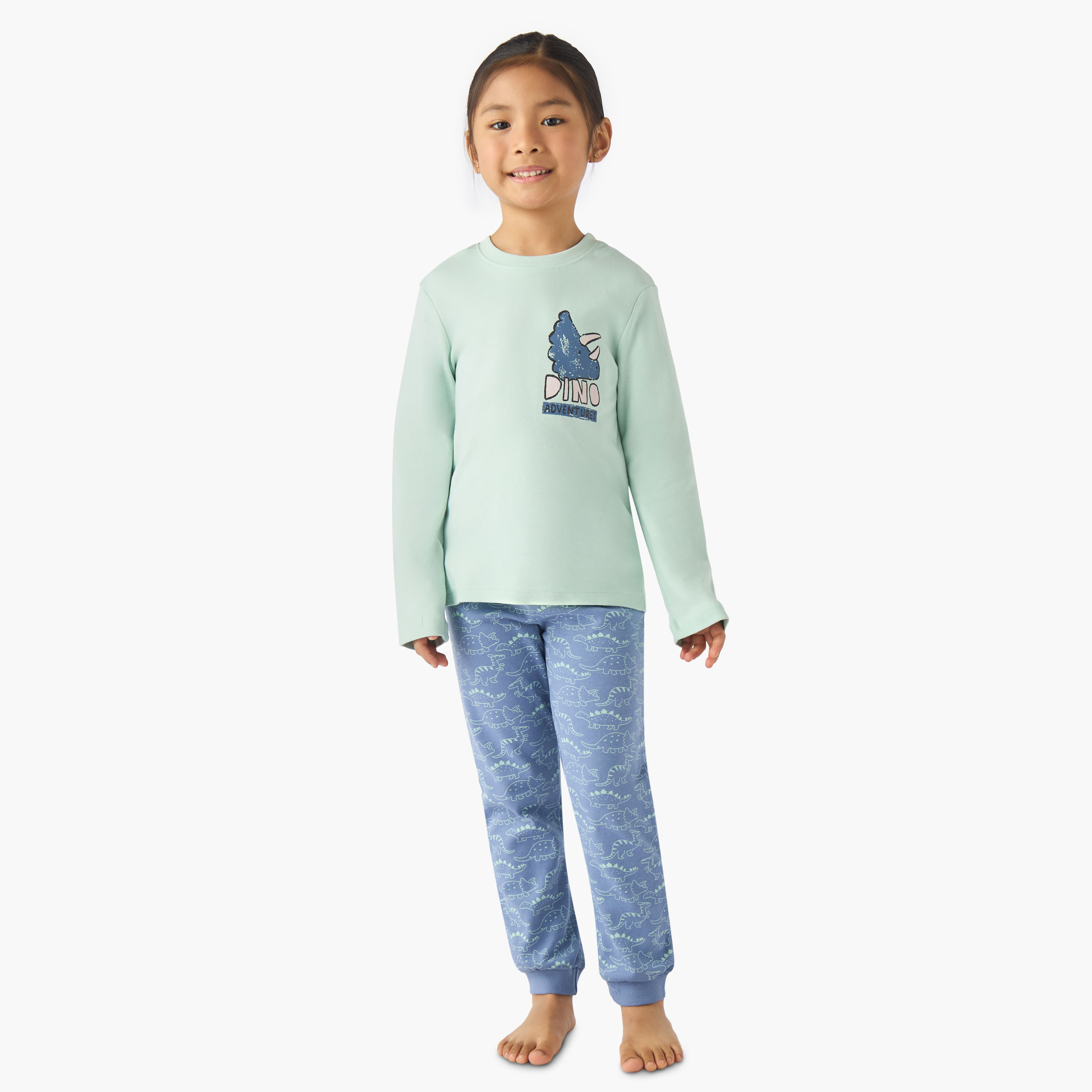 Juniors Cotton Crew Neck Long Sleeve Pyjama Set with Dinosaur Print-boys-clothing-nightwear-image-7
