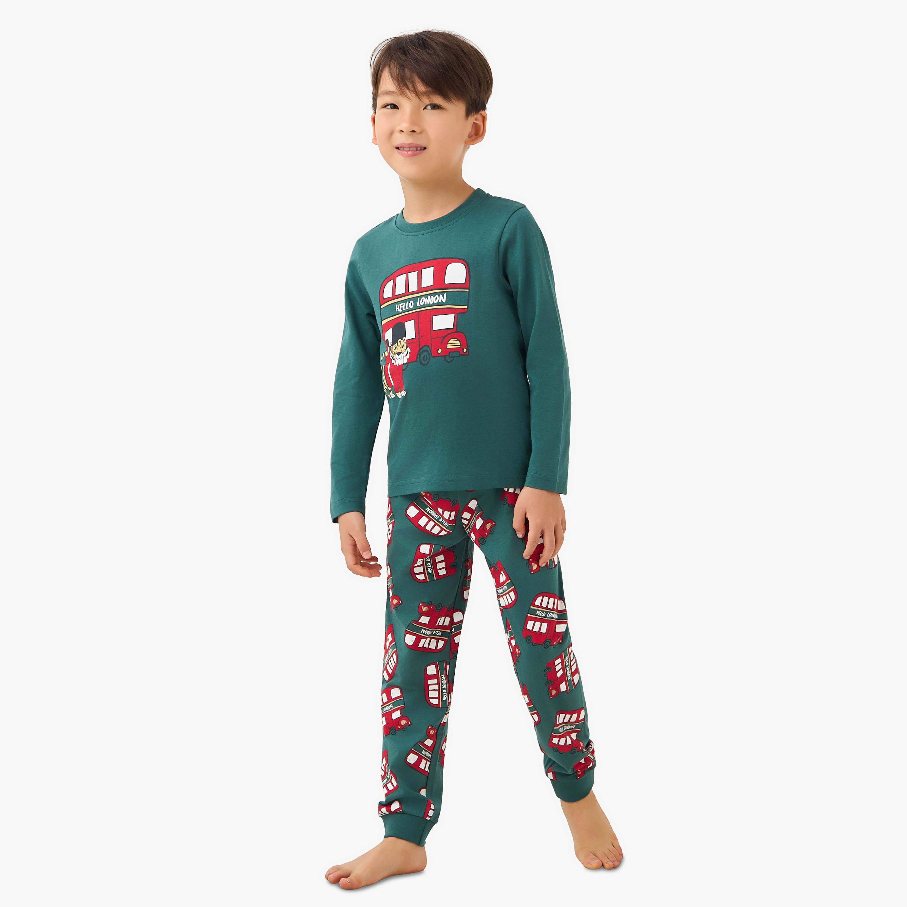 Juniors Cotton Crew Neck Long Sleeves Pyjama Set with London Bus Print-promo_babyshop_Buy2for69_UAE130126-image-1