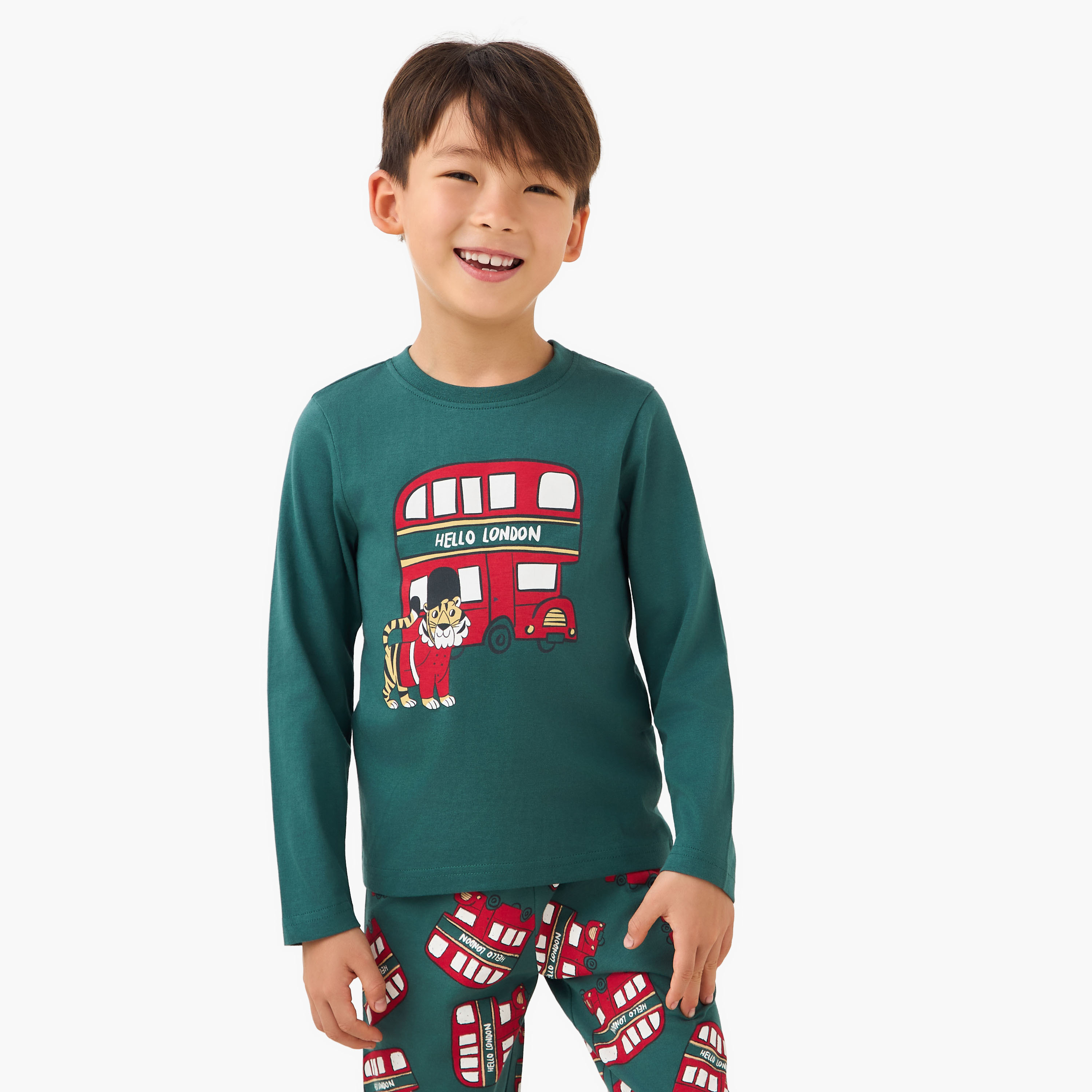 Juniors Cotton Crew Neck Long Sleeves Pyjama Set with London Bus Print-promo_babyshop_Buy2for69_UAE130126-image-2