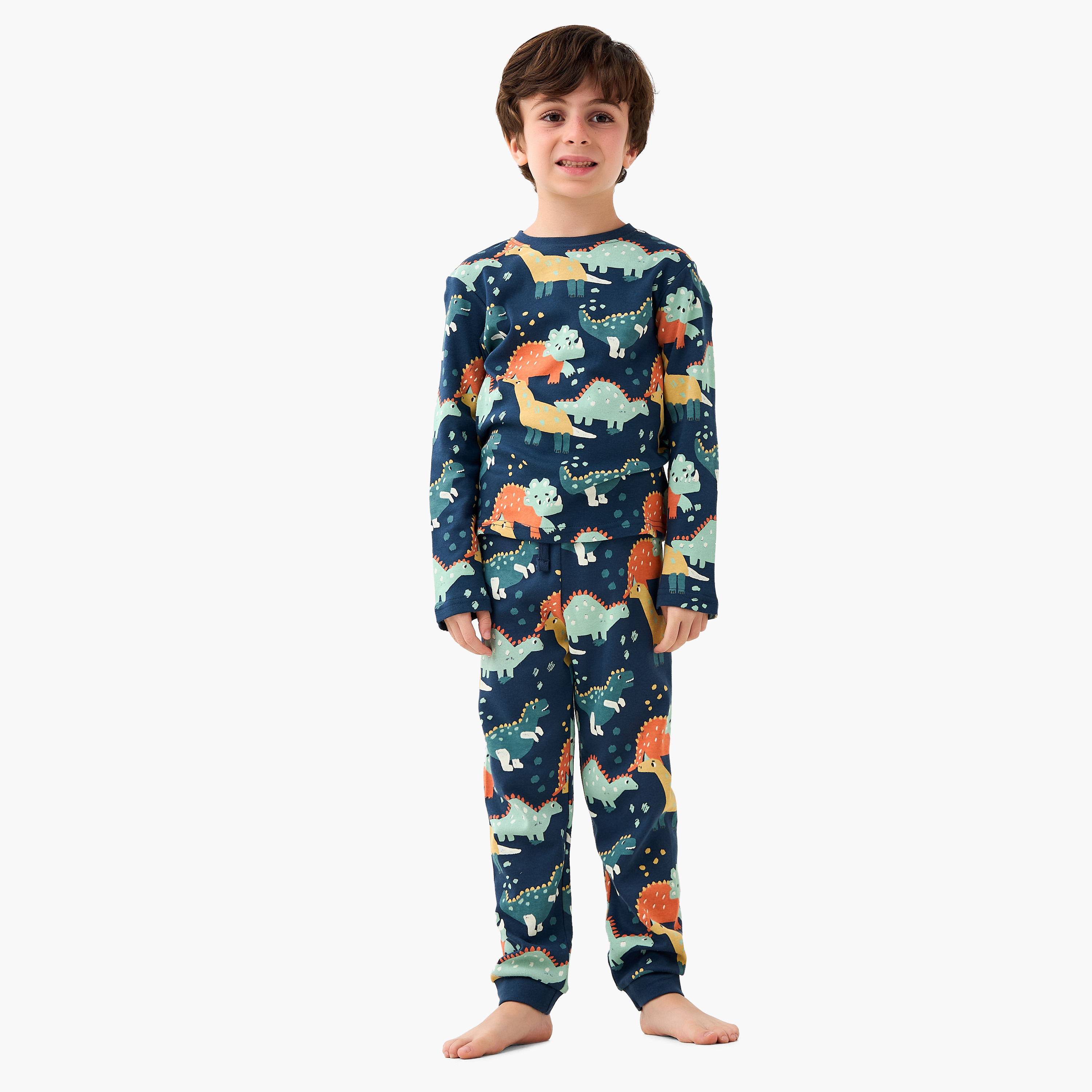 Juniors Cotton Crew Neck Long Sleeves Pyjama Set with London Bus Print-boys-clothing-nightwear-image-1