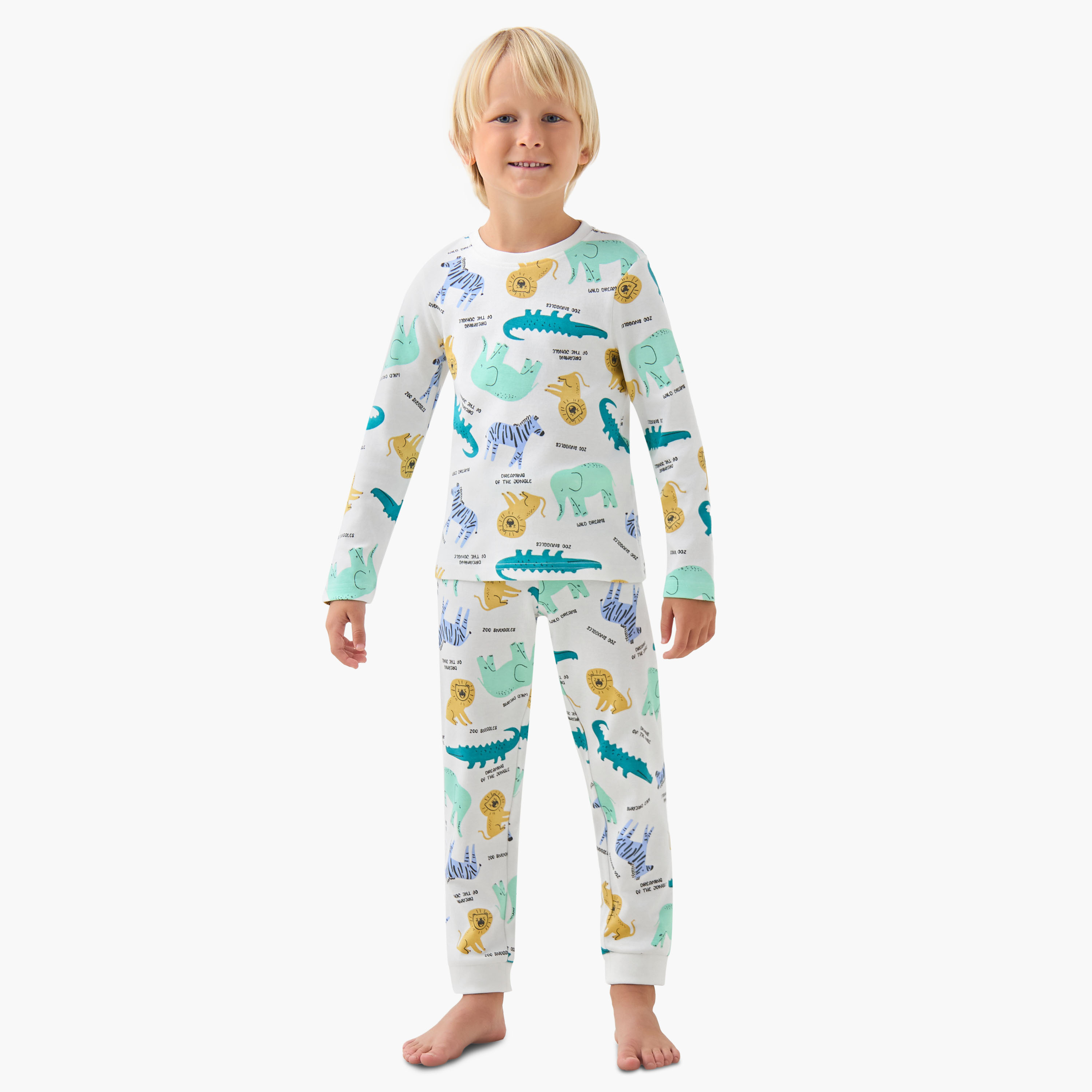 Juniors Cotton Crew Neck Long Sleeves Pyjama Set with London Bus Print-boys-clothing-nightwear-image-1