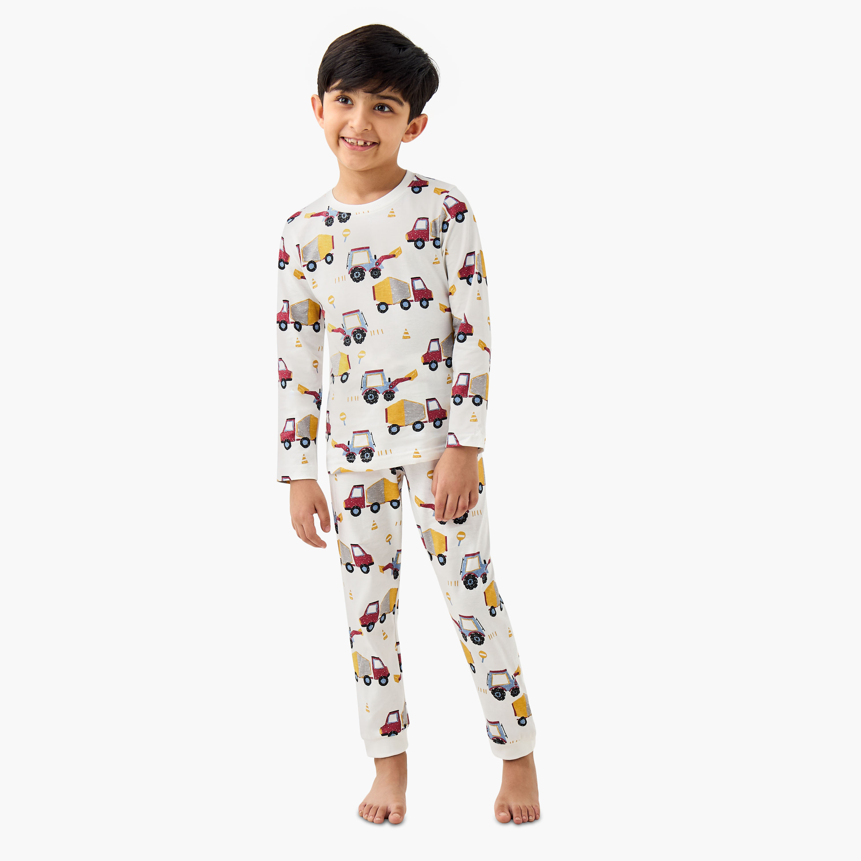 Juniors Cotton Crew Neck Long Sleeves Pyjama Set with London Bus Print-boys-clothing-nightwear-image-1