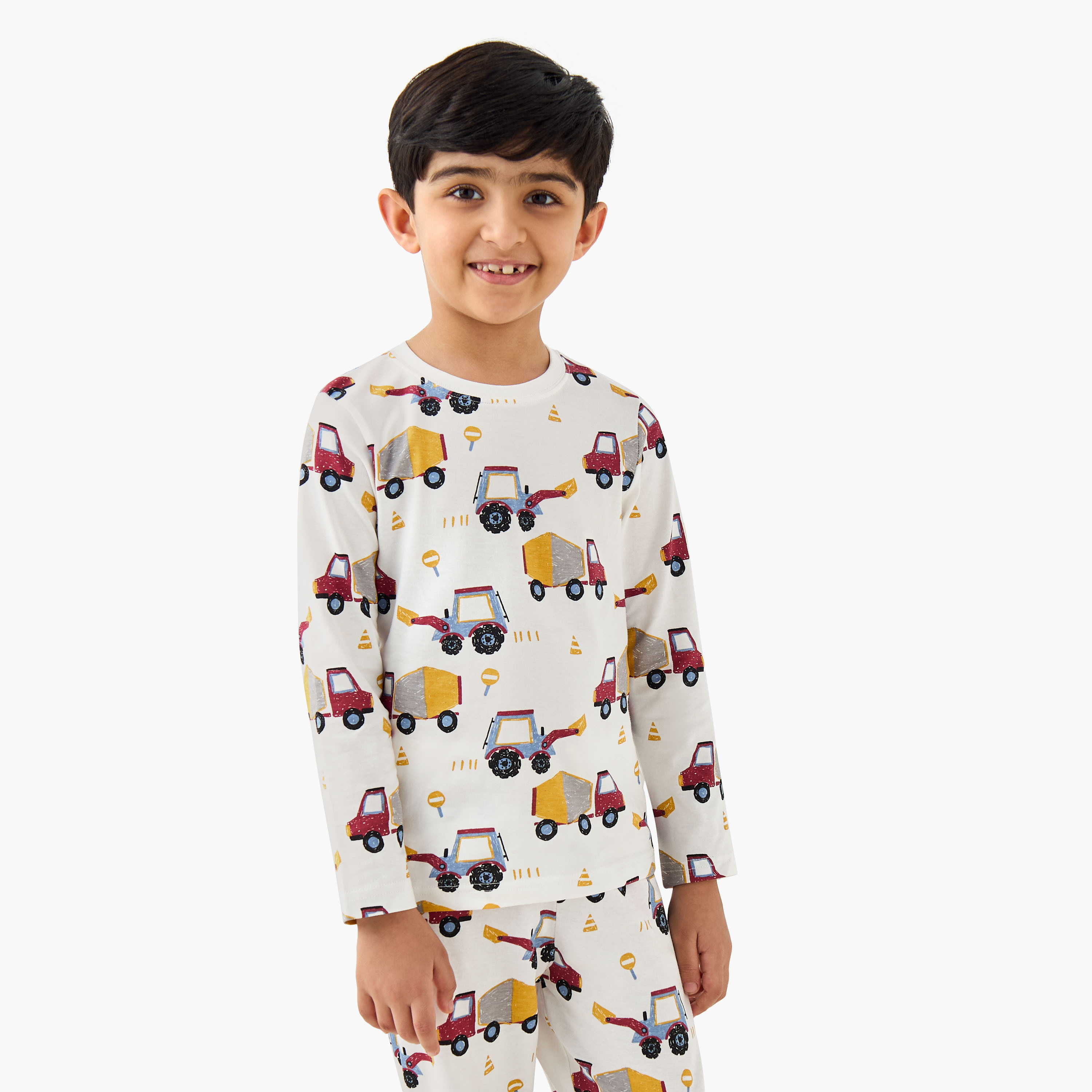 Juniors Cotton Crew Neck Long Sleeves Pyjama Set with London Bus Print-boys-clothing-nightwear-image-2