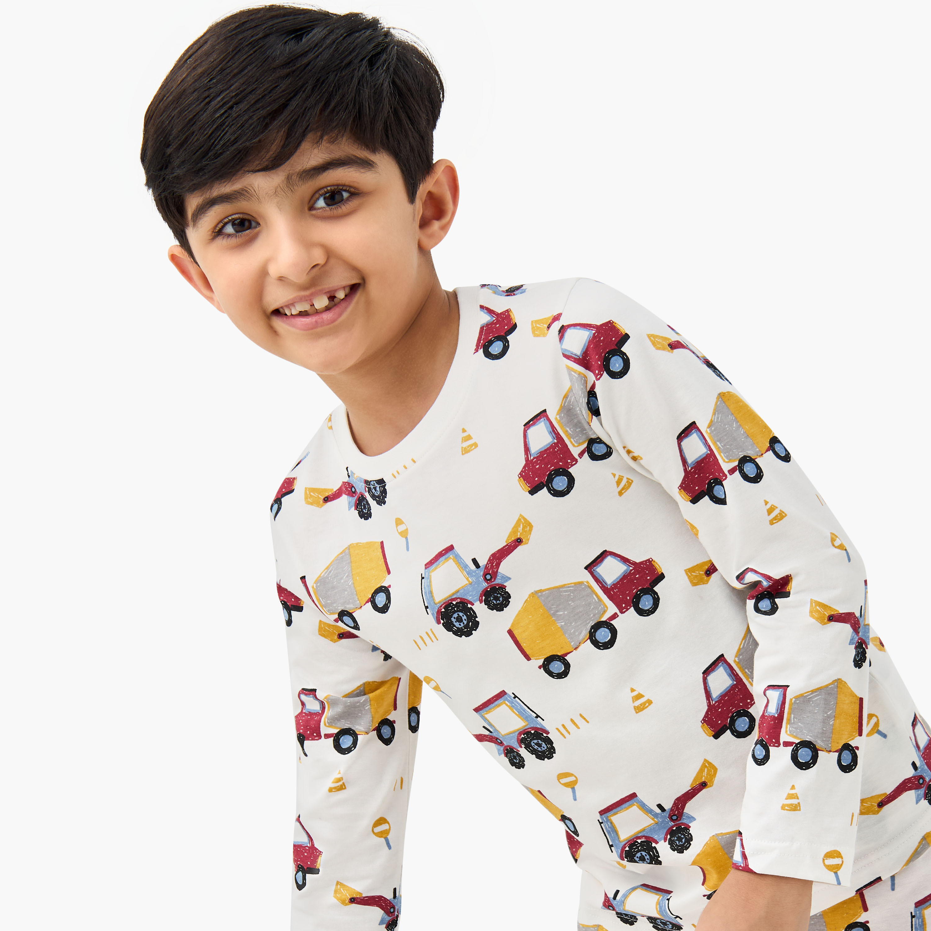 Juniors Cotton Crew Neck Long Sleeves Pyjama Set with London Bus Print-boys-clothing-nightwear-image-5
