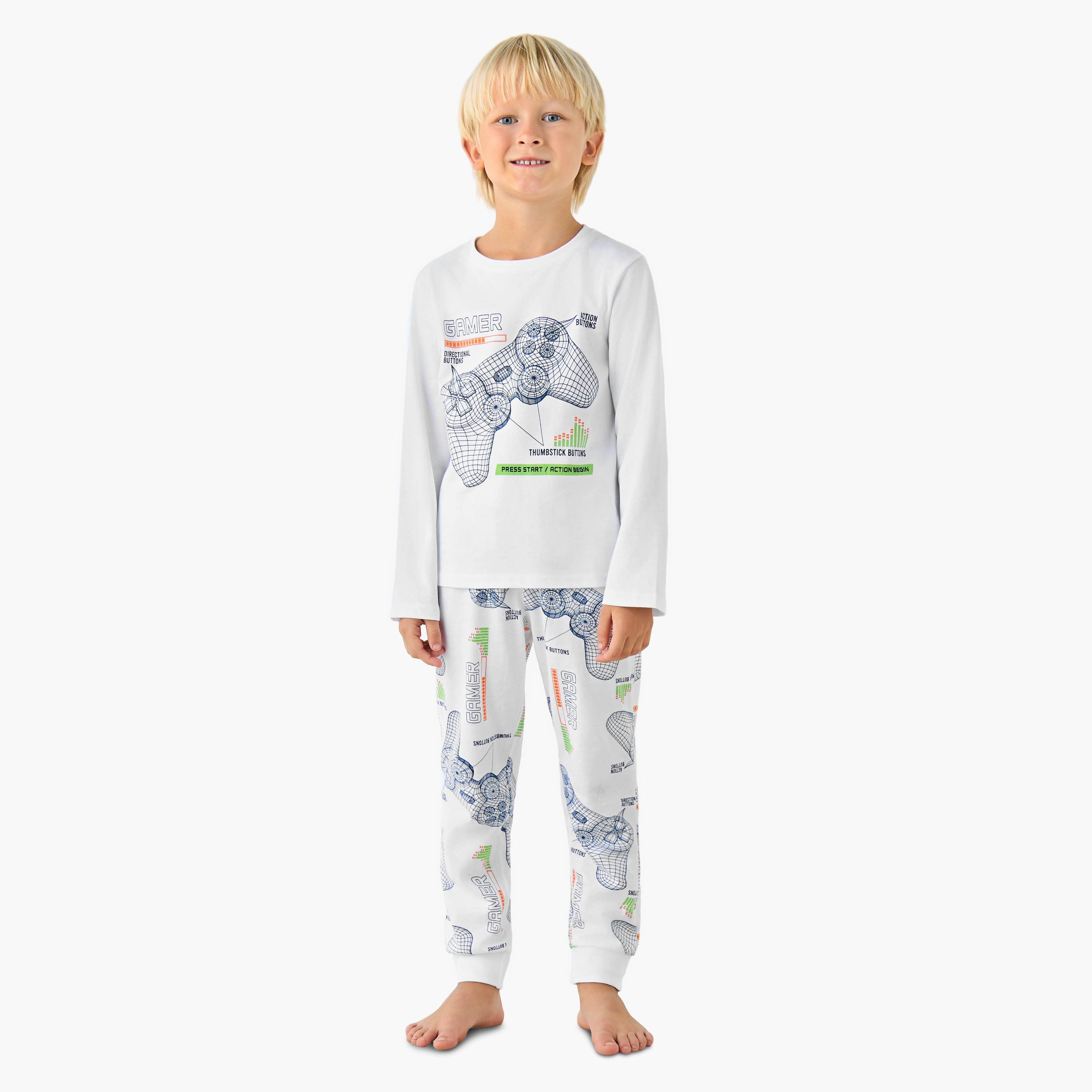 Juniors Cotton Crew Neck Long Sleeves Pyjama Set with Game Print-boys-clothing-nightwear-image-1