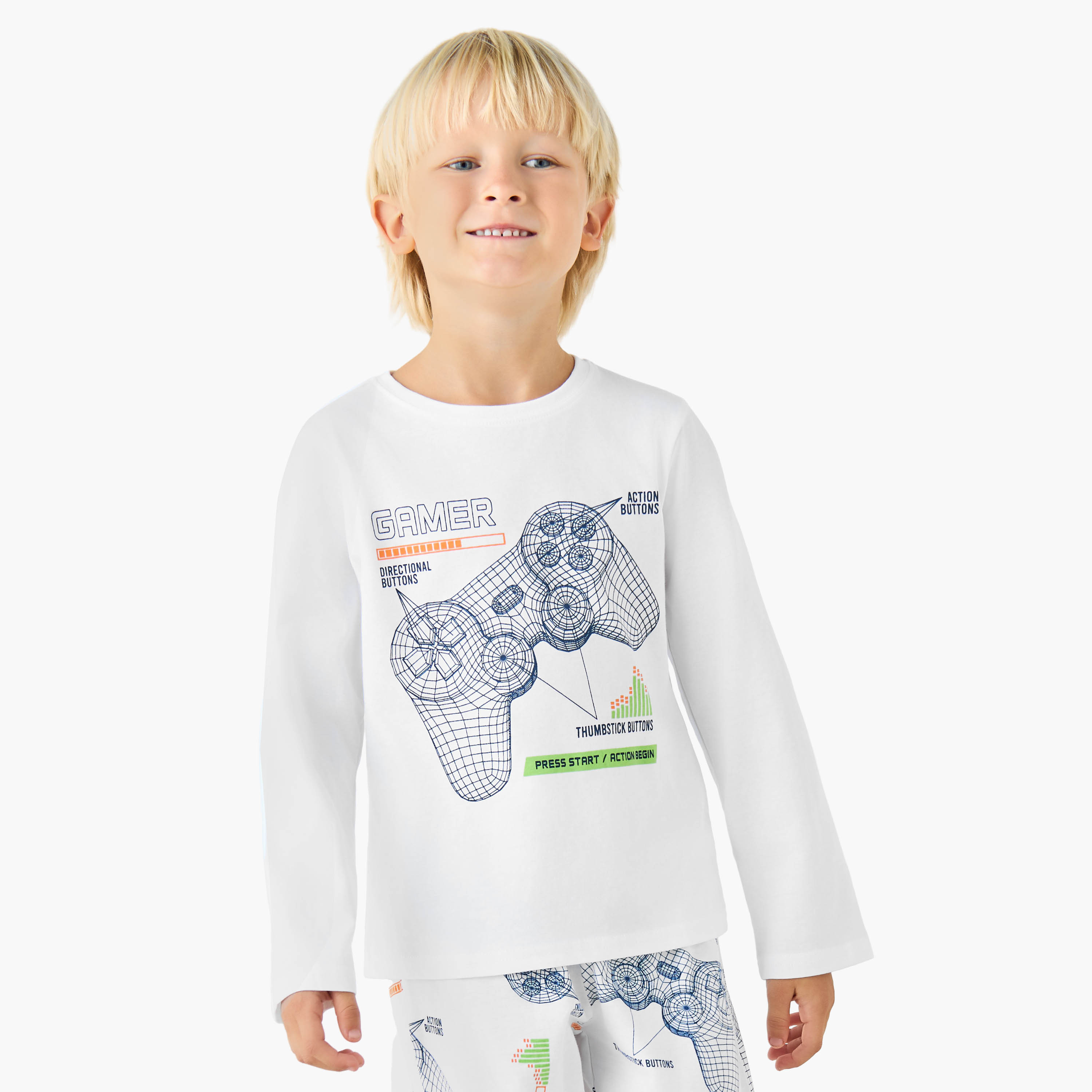 Juniors Cotton Crew Neck Long Sleeves Pyjama Set with Game Print-boys-clothing-nightwear-image-2