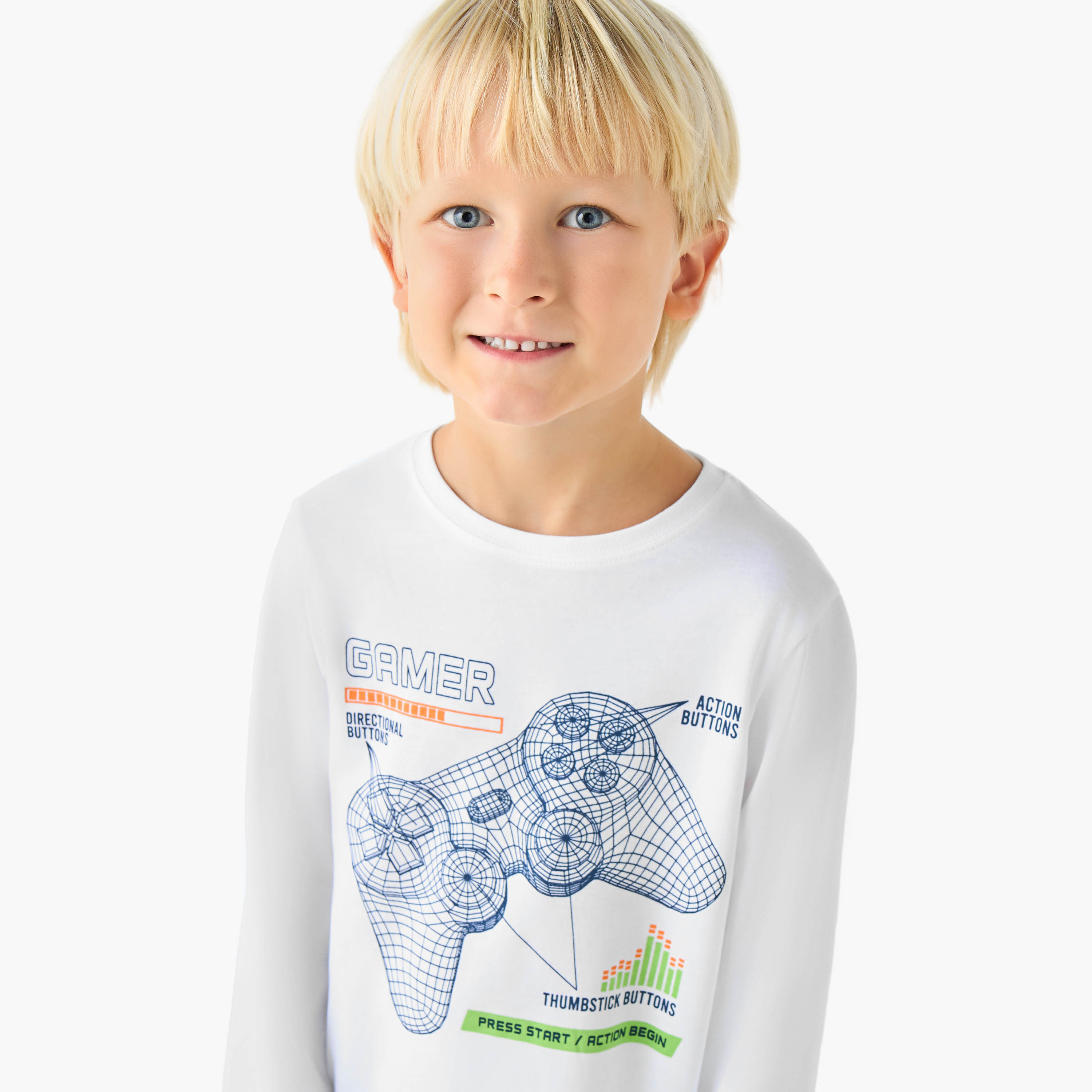 Juniors Cotton Crew Neck Long Sleeves Pyjama Set with Game Print-boys-clothing-nightwear-image-5