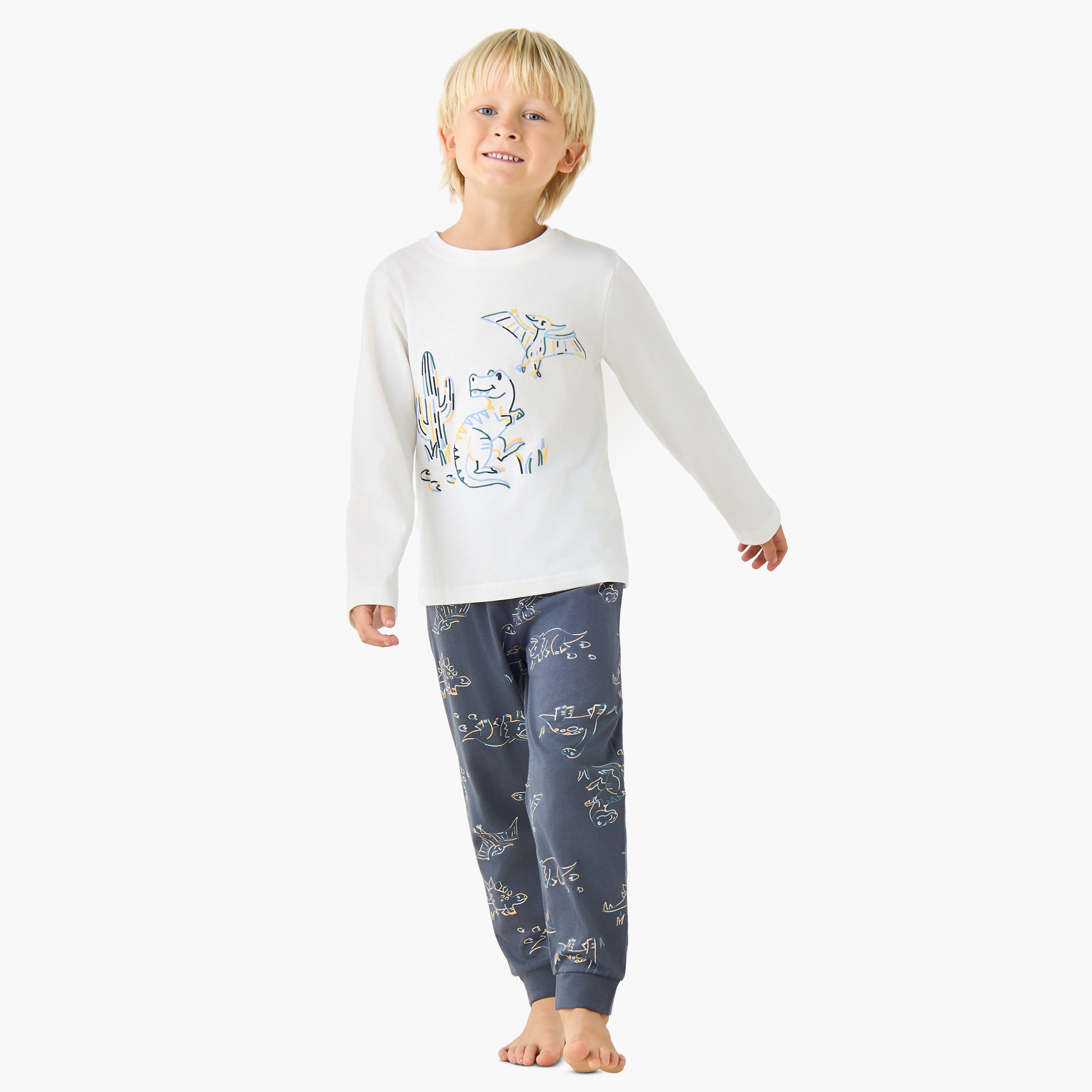 Juniors Cotton Crew Neck Long Sleeves Pyjama Set with Game Print-boys-clothing-nightwear-image-1