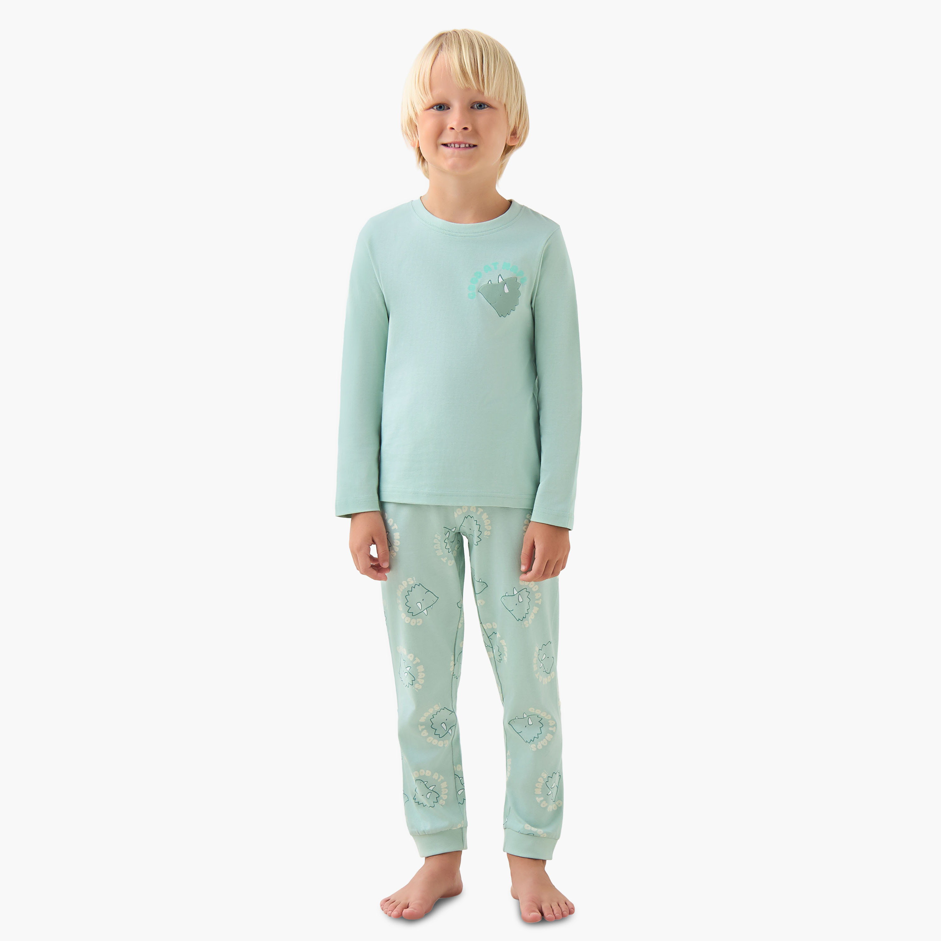 Juniors Cotton Crew Neck Long Sleeves Pyjama Set with Dinosaur Print-boys-clothing-nightwear-image-1