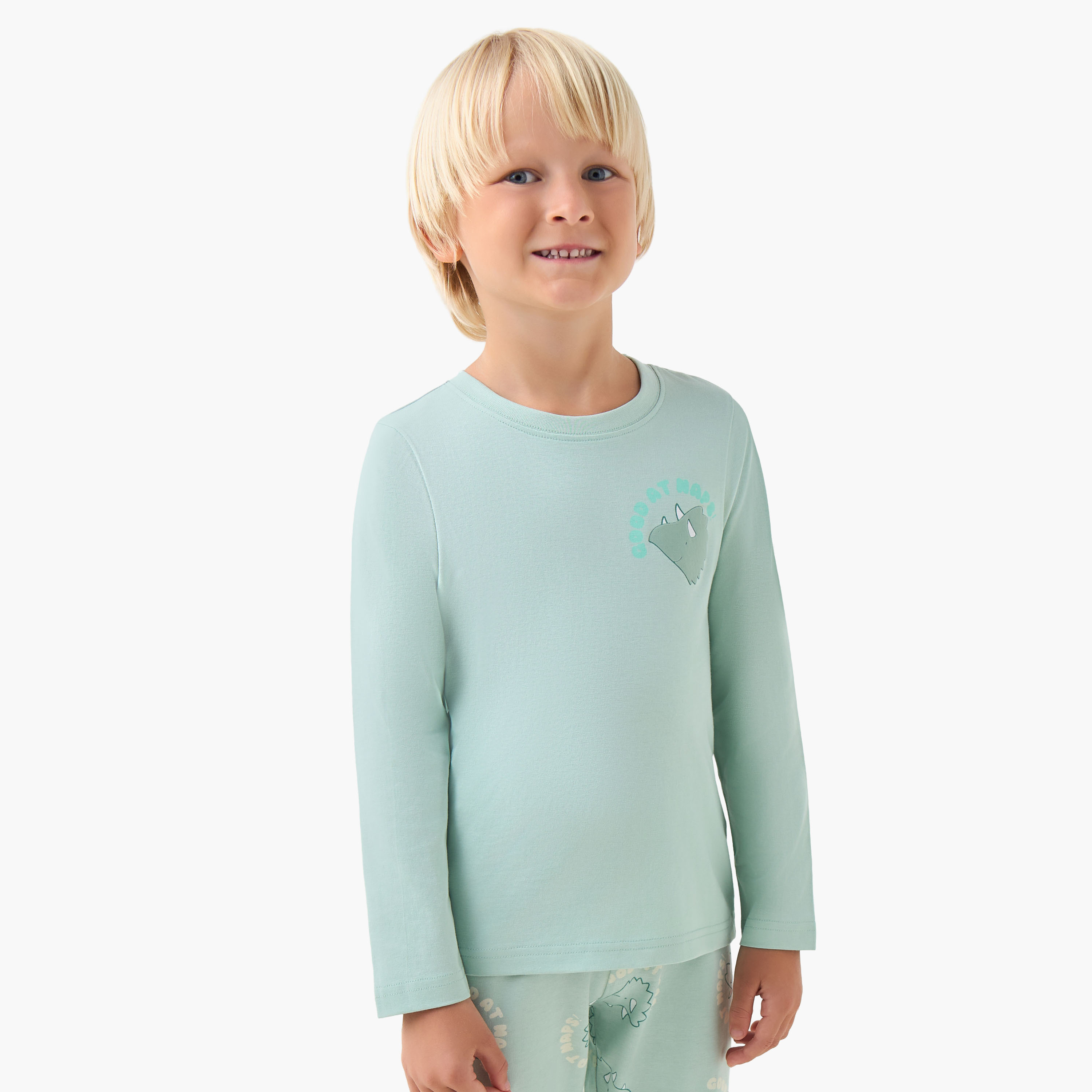 Juniors Cotton Crew Neck Long Sleeves Pyjama Set with Dinosaur Print-boys-clothing-nightwear-image-2