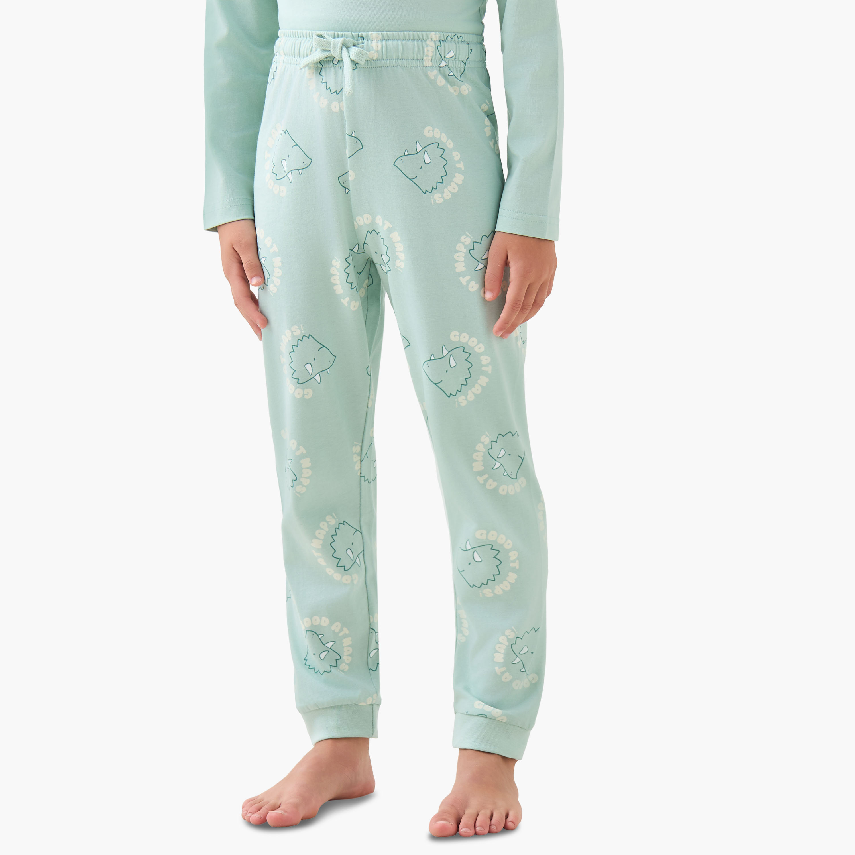 Juniors Cotton Crew Neck Long Sleeves Pyjama Set with Dinosaur Print-boys-clothing-nightwear-image-3