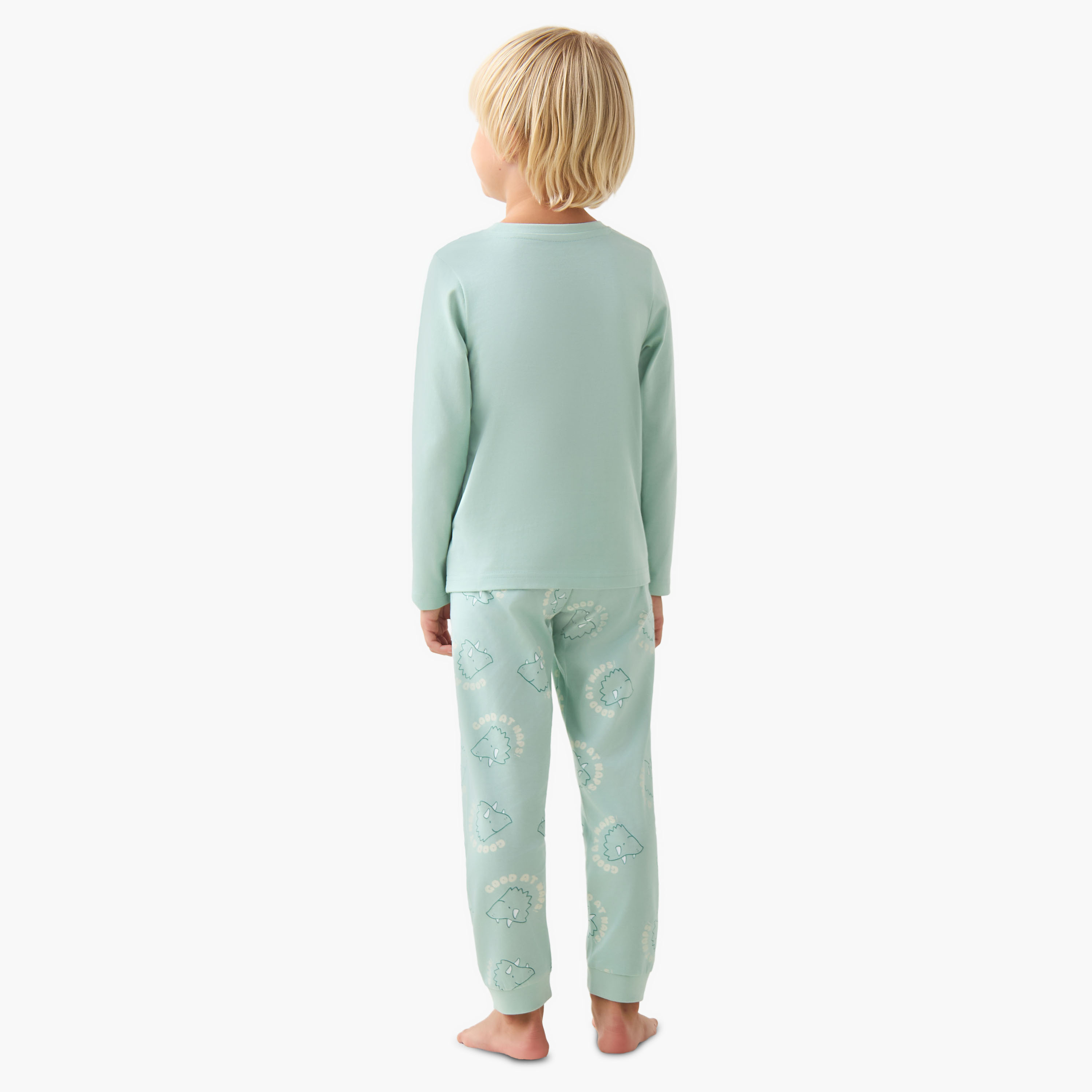 Juniors Cotton Crew Neck Long Sleeves Pyjama Set with Dinosaur Print-boys-clothing-nightwear-image-4